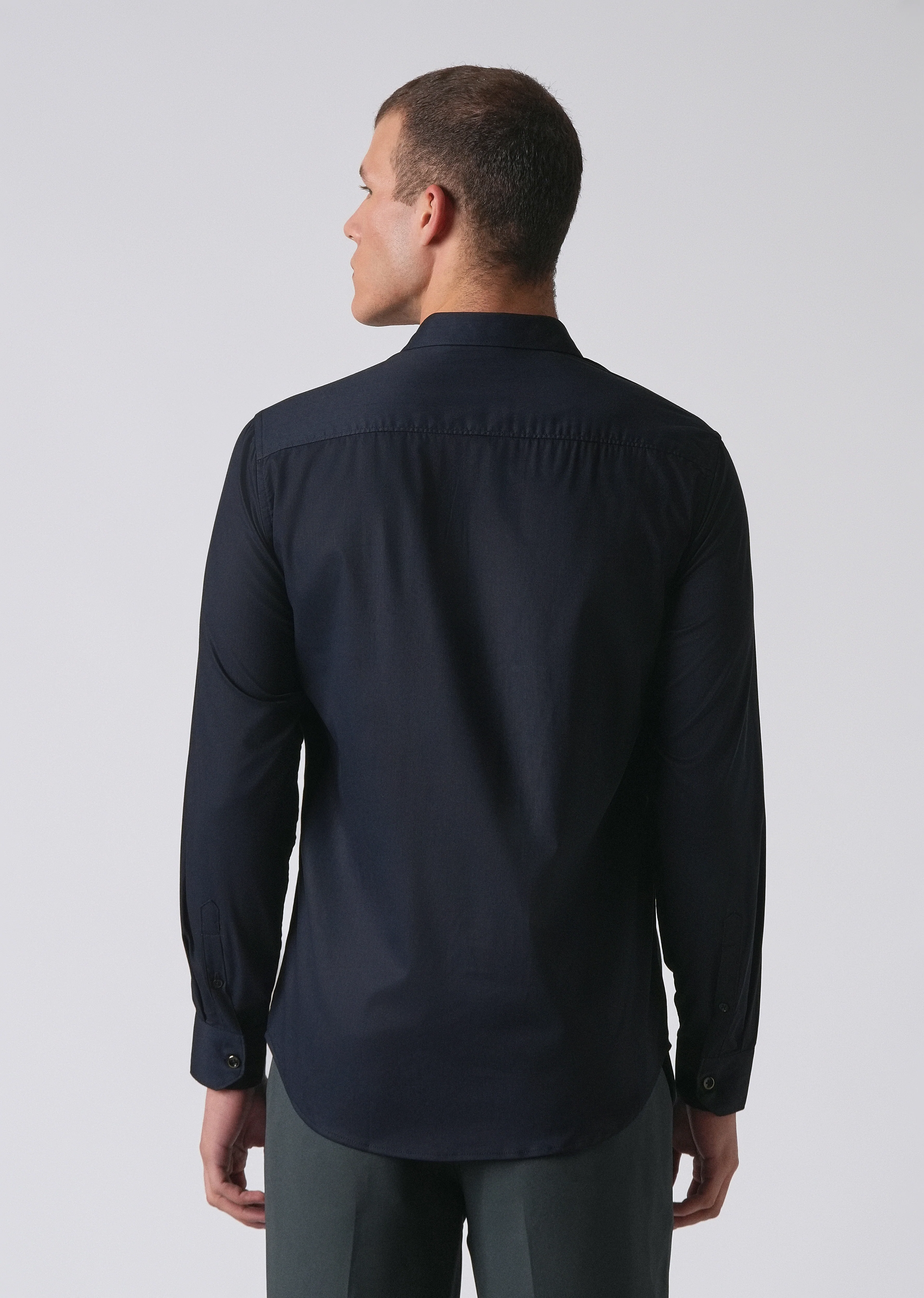 Dark Blue Cotton Stretch Plain Shirt - Image 2