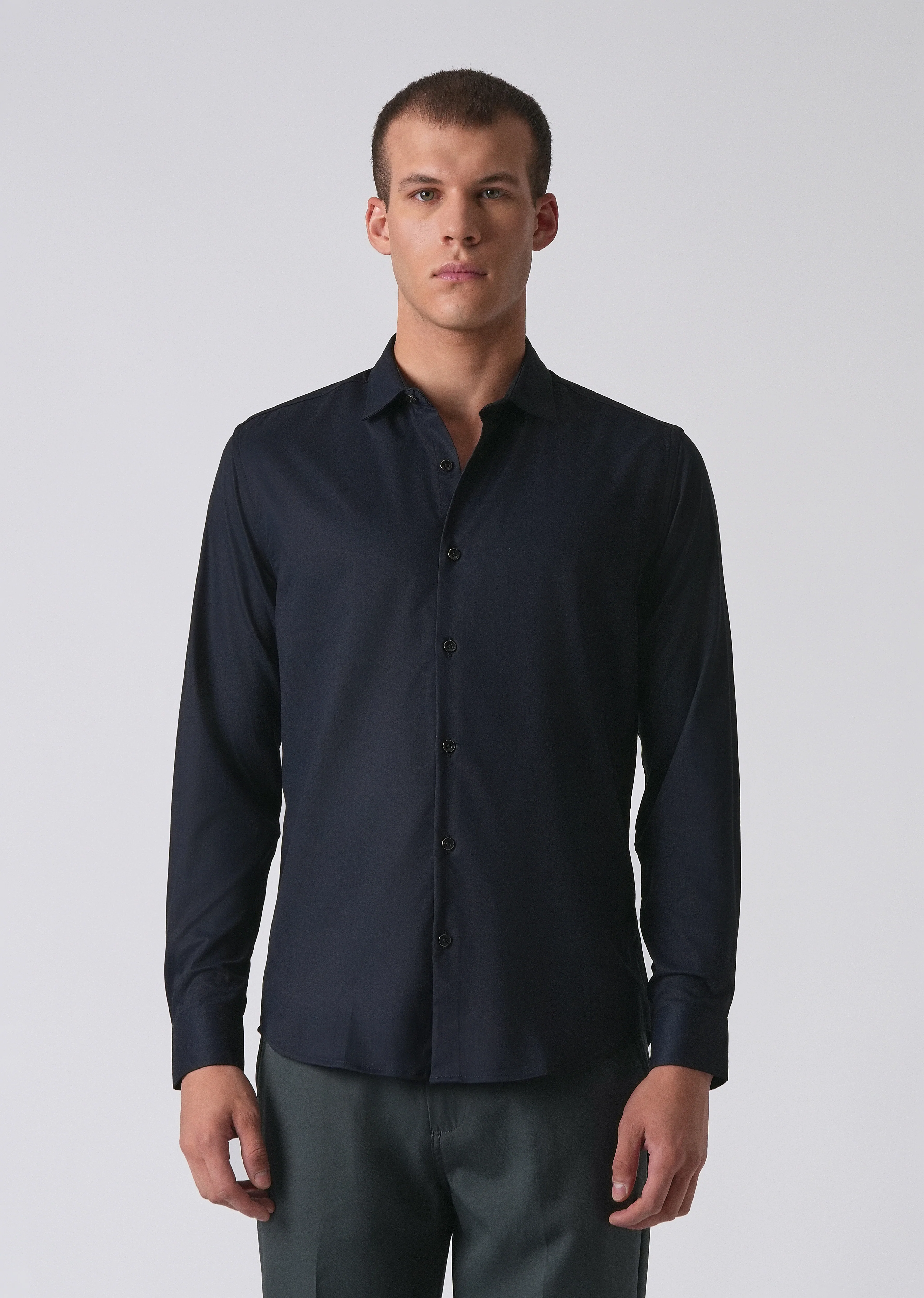Dark Blue Cotton Stretch Plain Shirt - Image 3