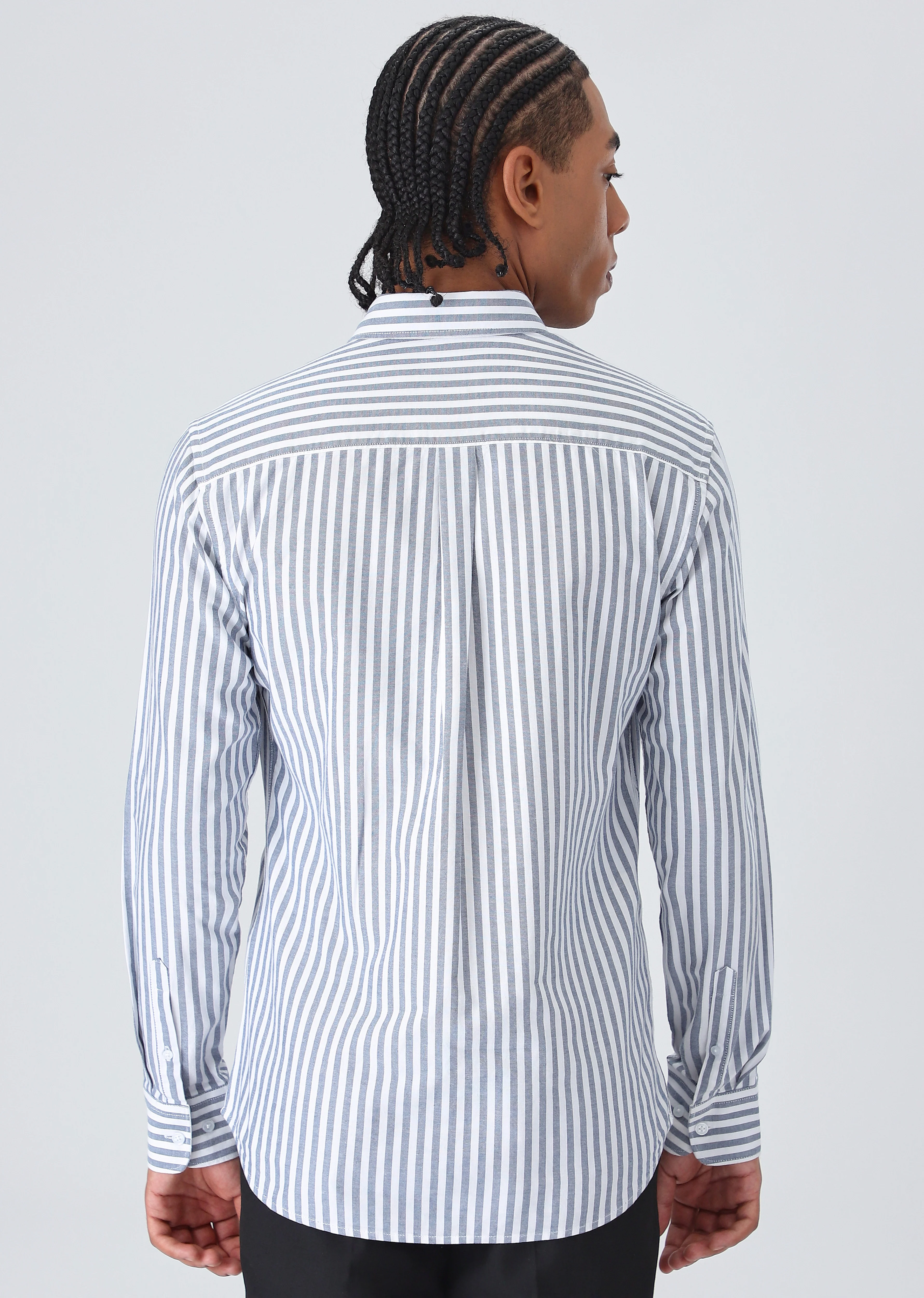 Dark Blue Cotton Oxford Stripe Shirt - Image 4