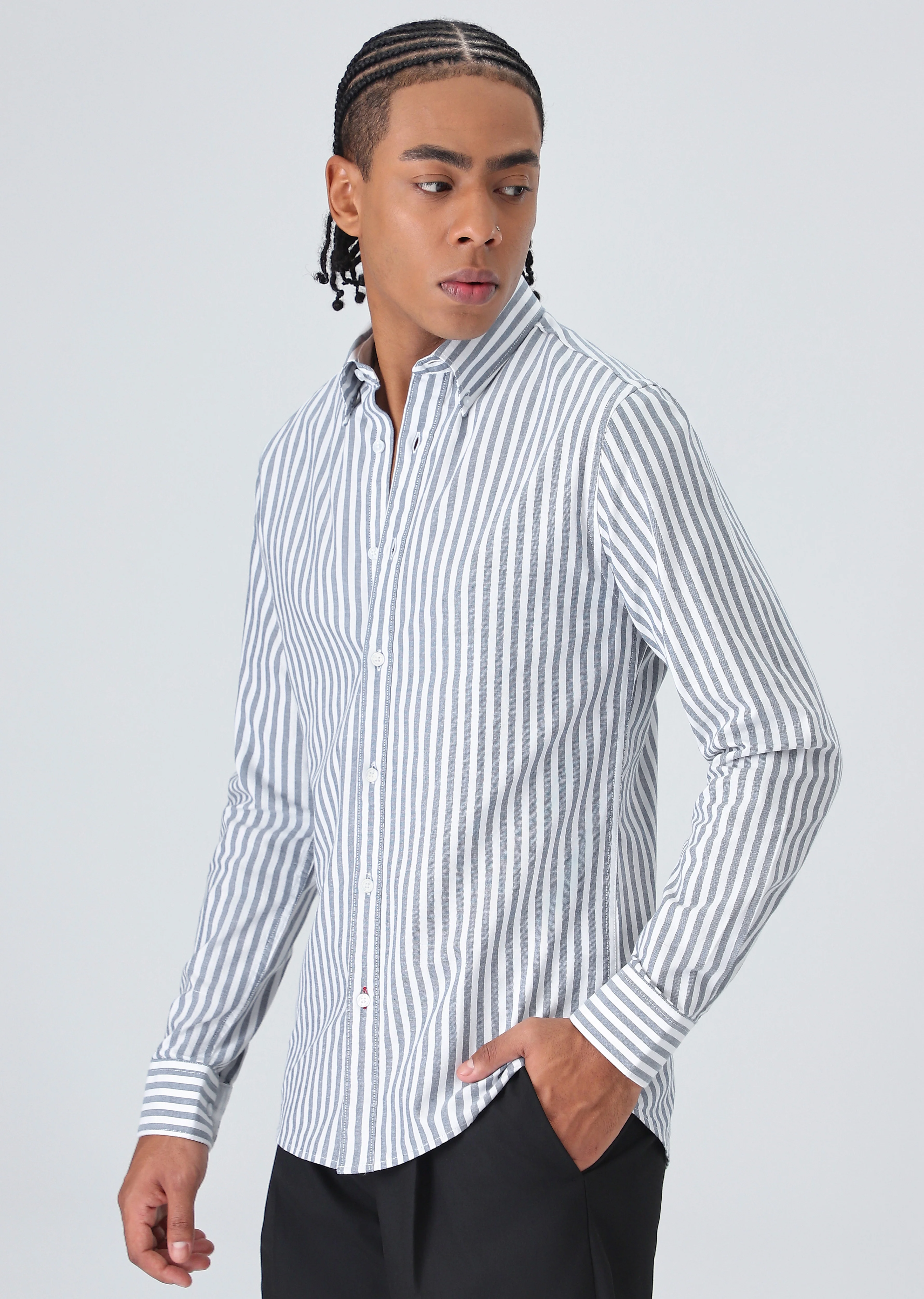 Dark Blue Cotton Oxford Stripe Shirt - Image 5