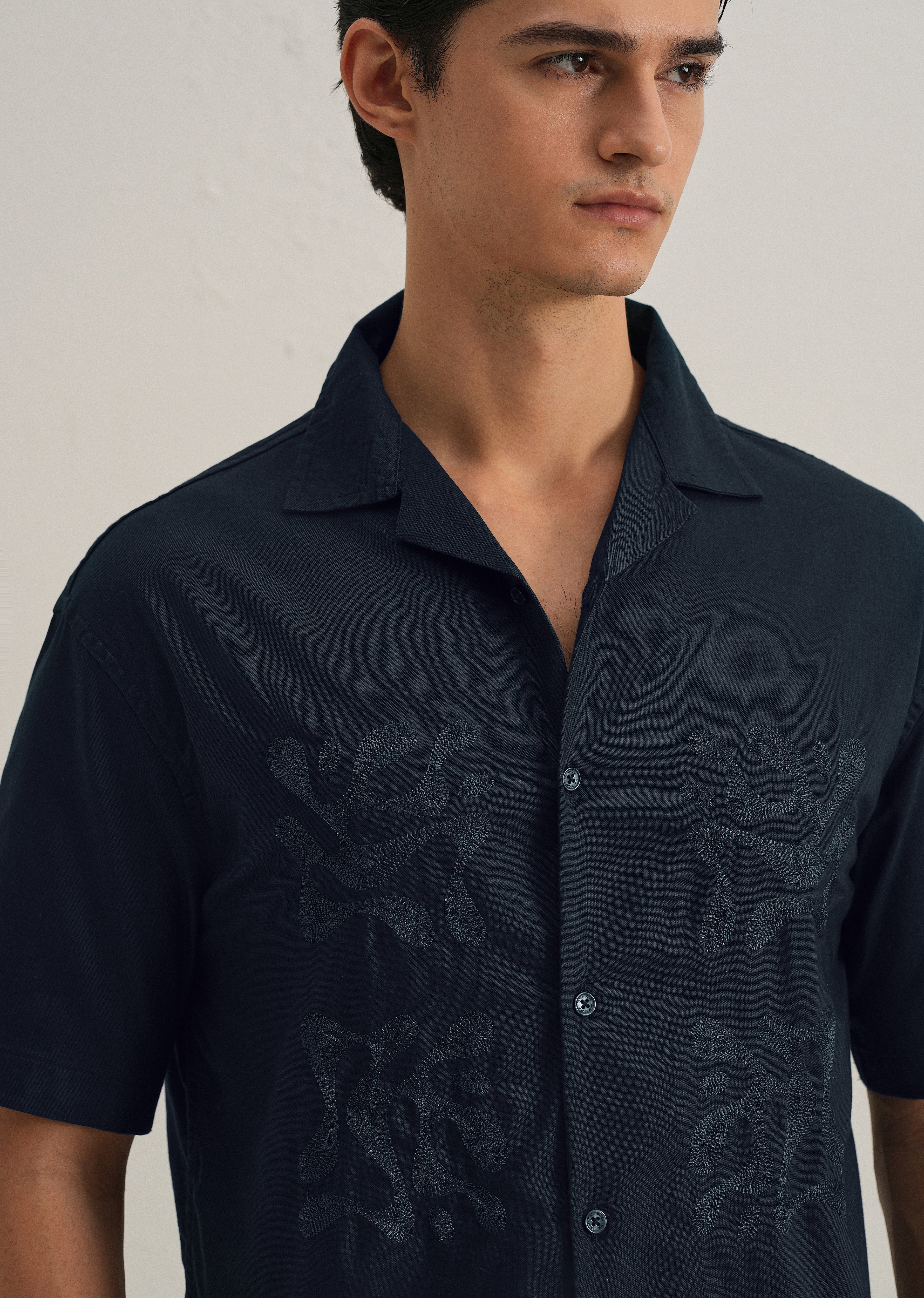 Dark Blue Embroidery Cuban Collar Cotton Shirt - Image 2