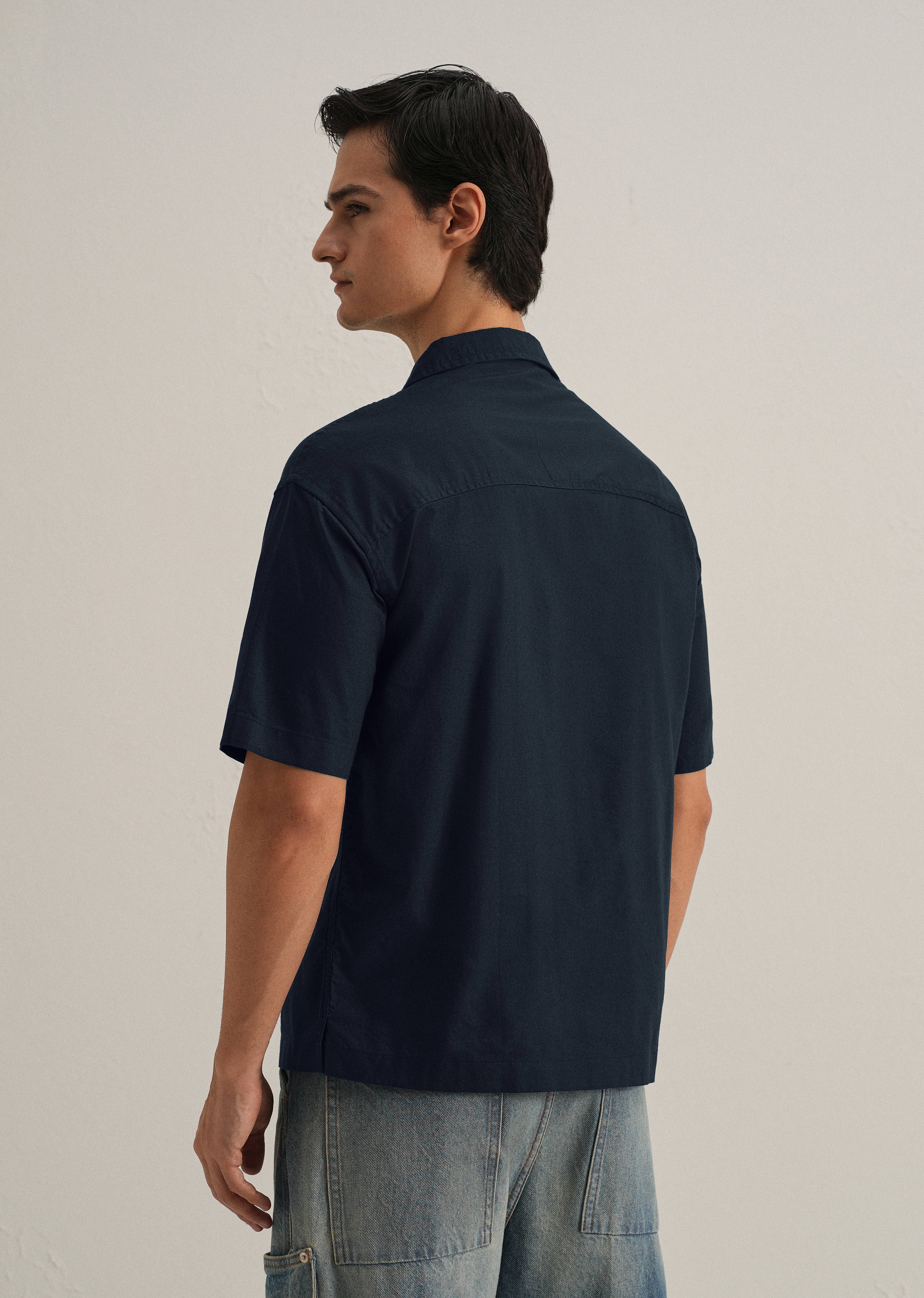 Dark Blue Embroidery Cuban Collar Cotton Shirt - Image 3