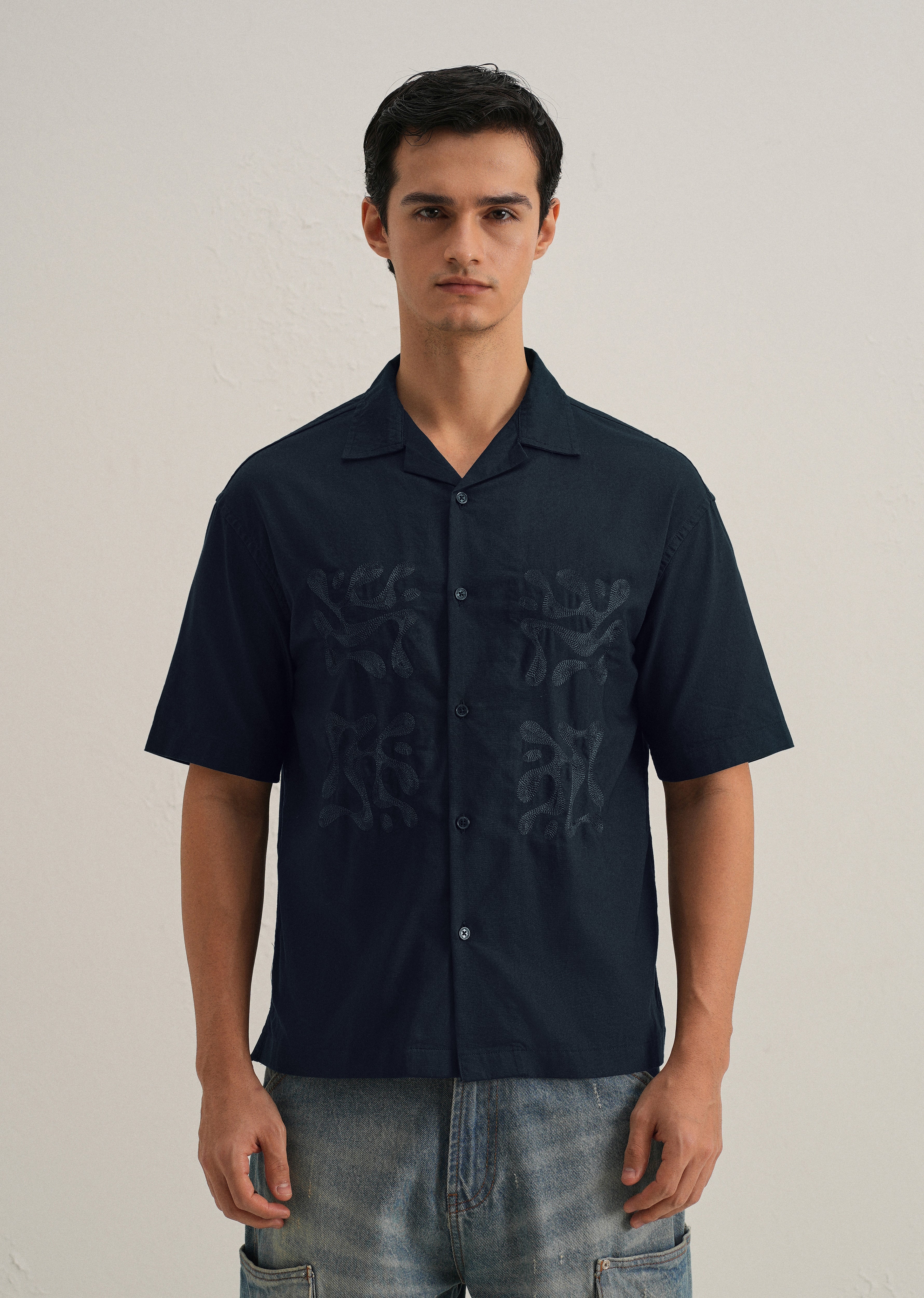 Dark Blue Embroidery Cuban Collar Cotton Shirt - Image 4