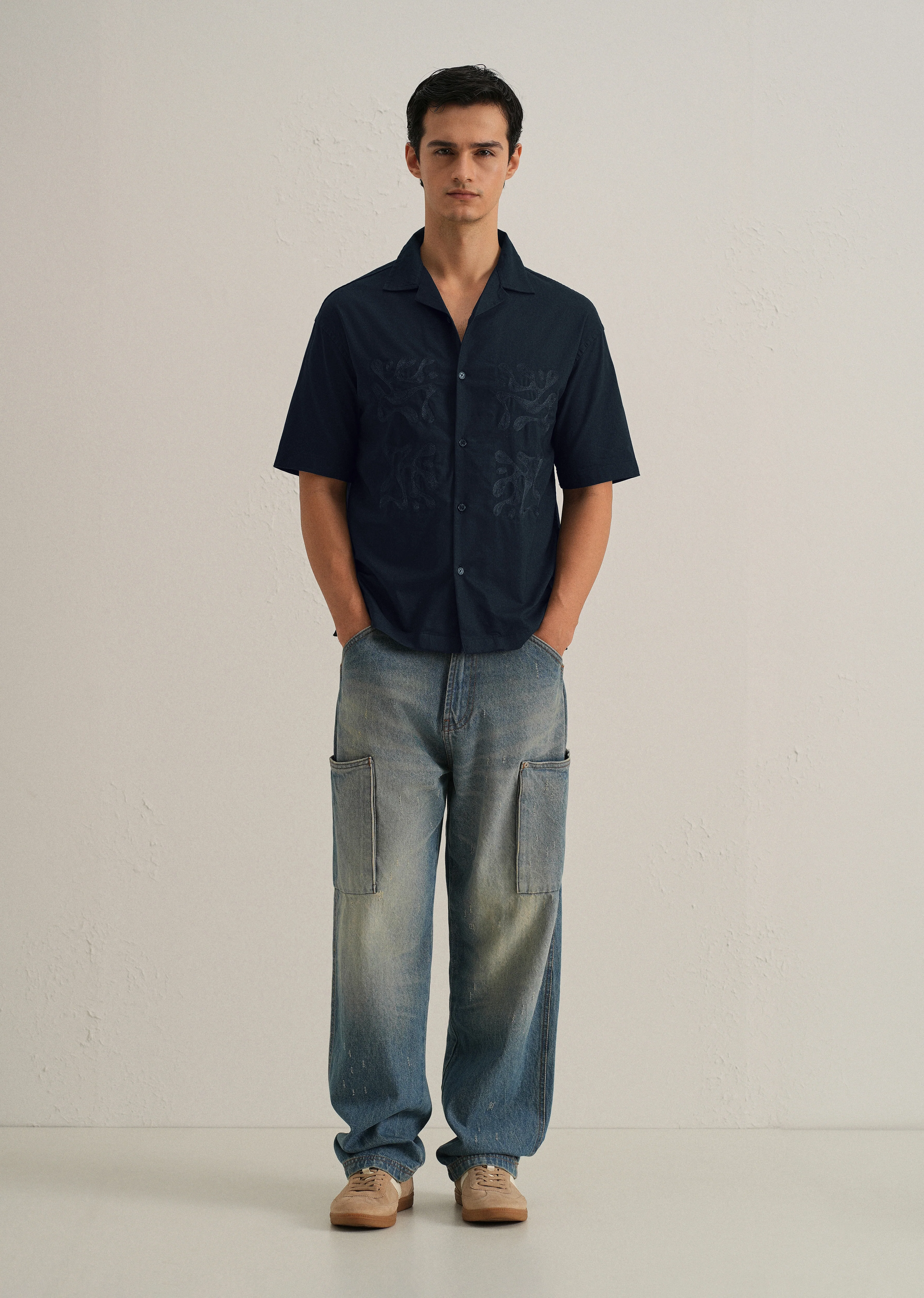 Dark Blue Embroidery Cuban Collar Cotton Shirt - Image 6