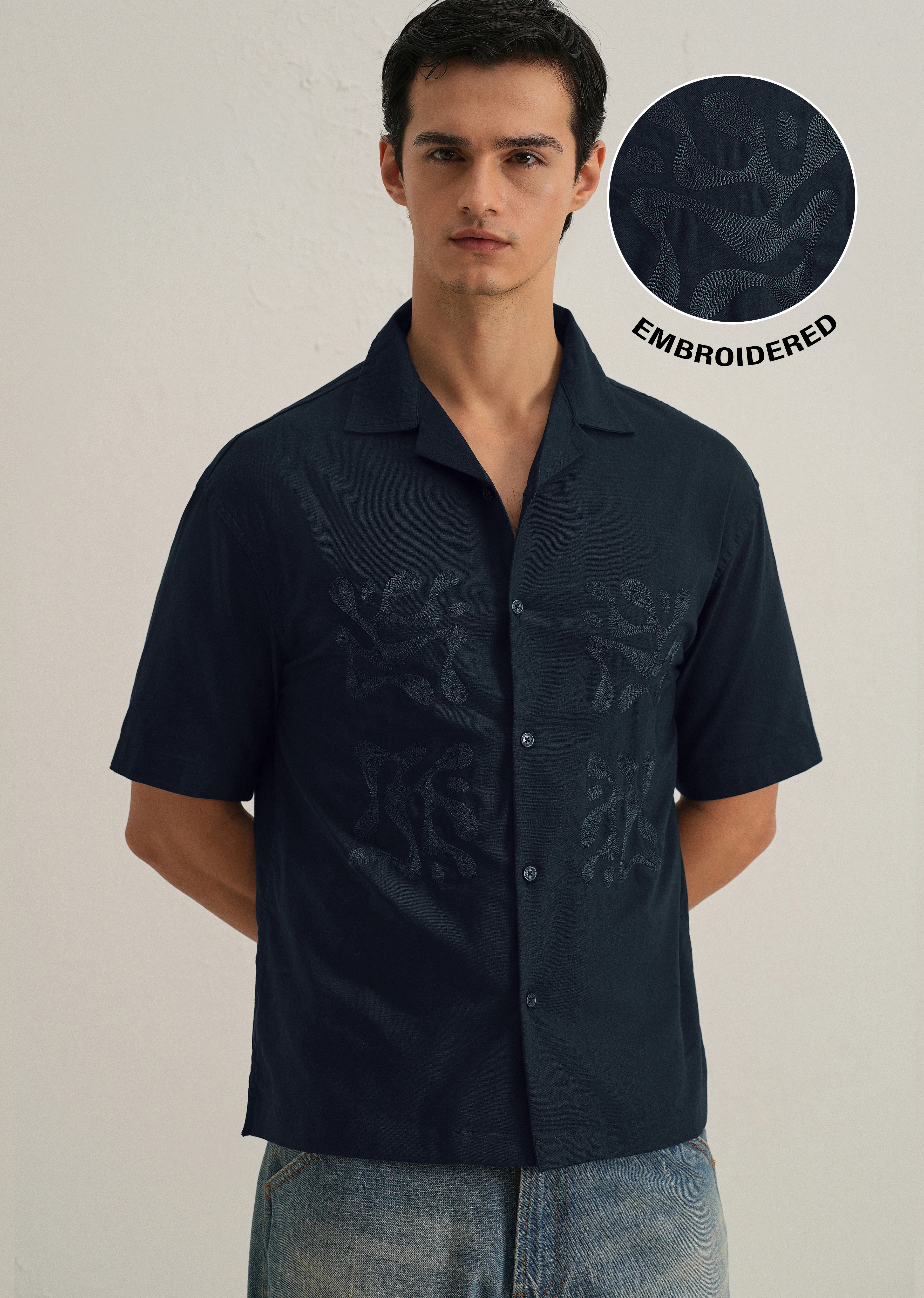 Dark Blue Embroidery Cuban Collar Cotton Shirt - Image 7