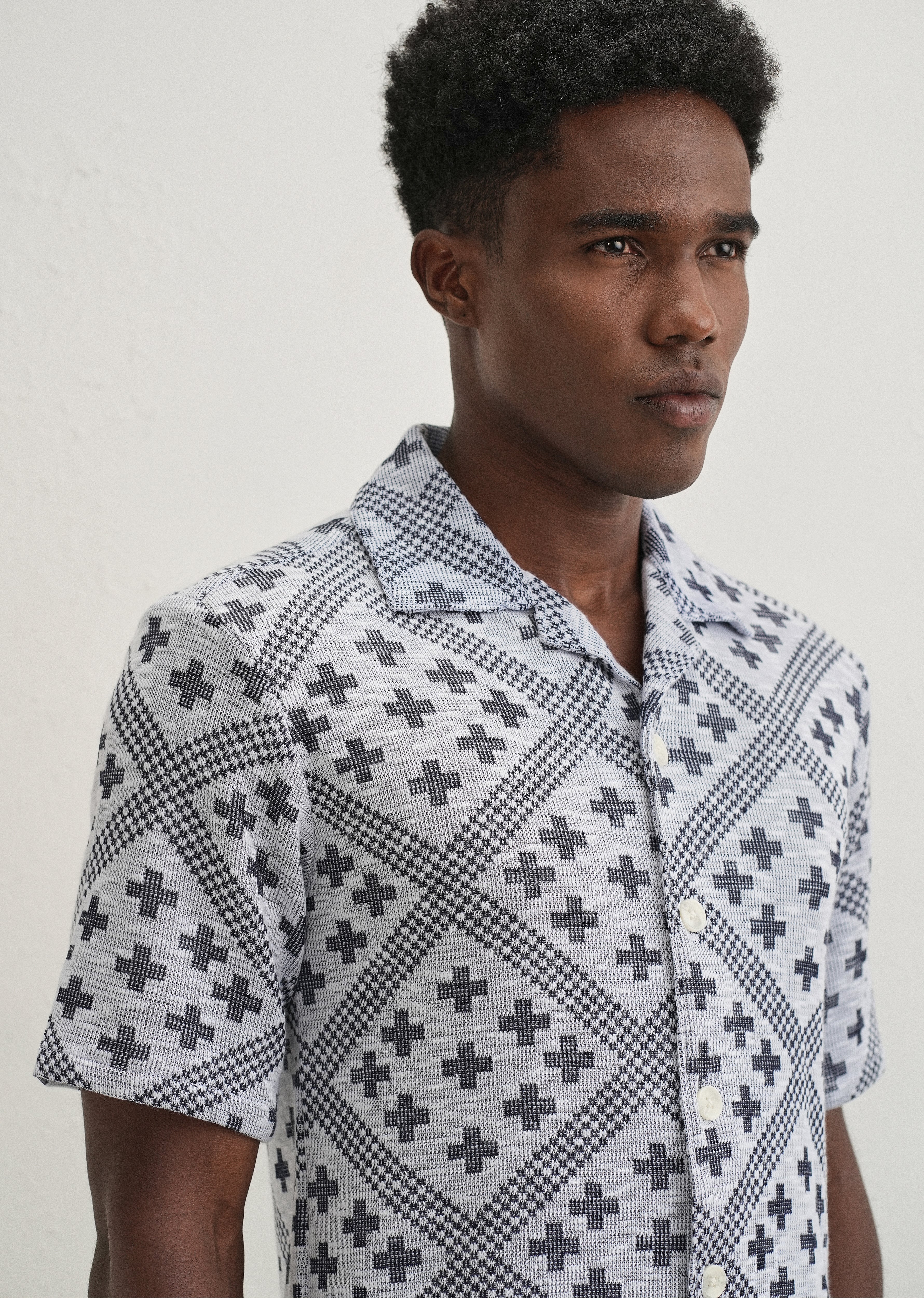 Dark Blue Jacquard Knitted Shirt - Image 3