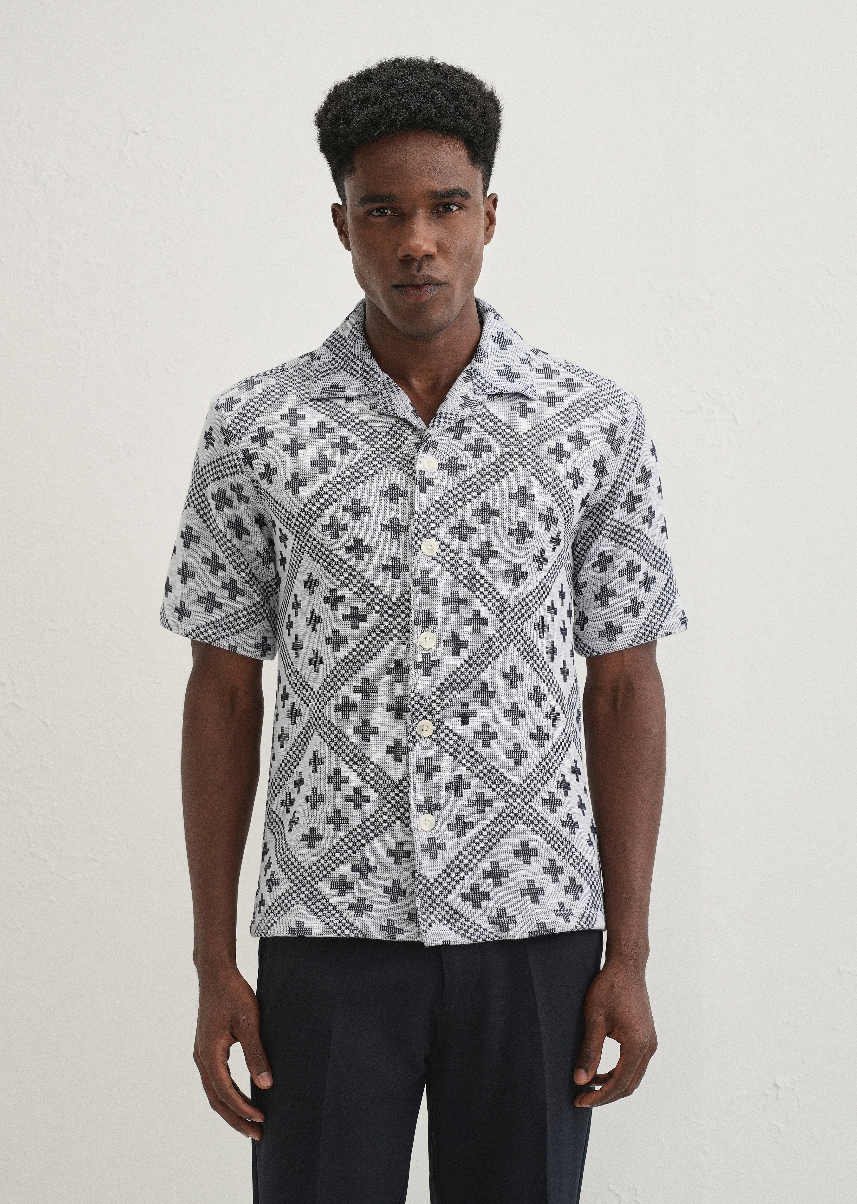 Dark Blue Jacquard Knitted Shirt - Image 4