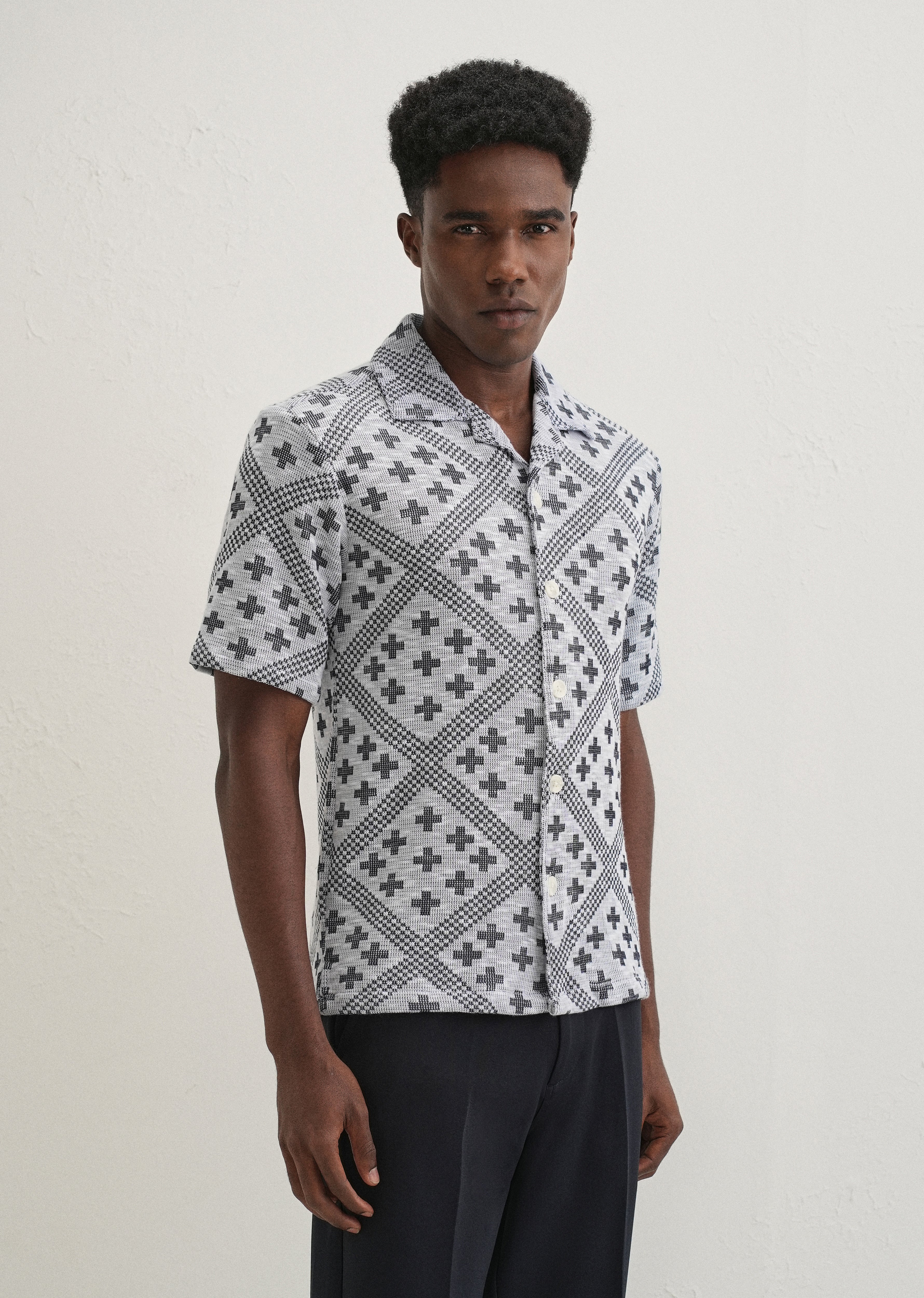 Dark Blue Jacquard Knitted Shirt - Image 5