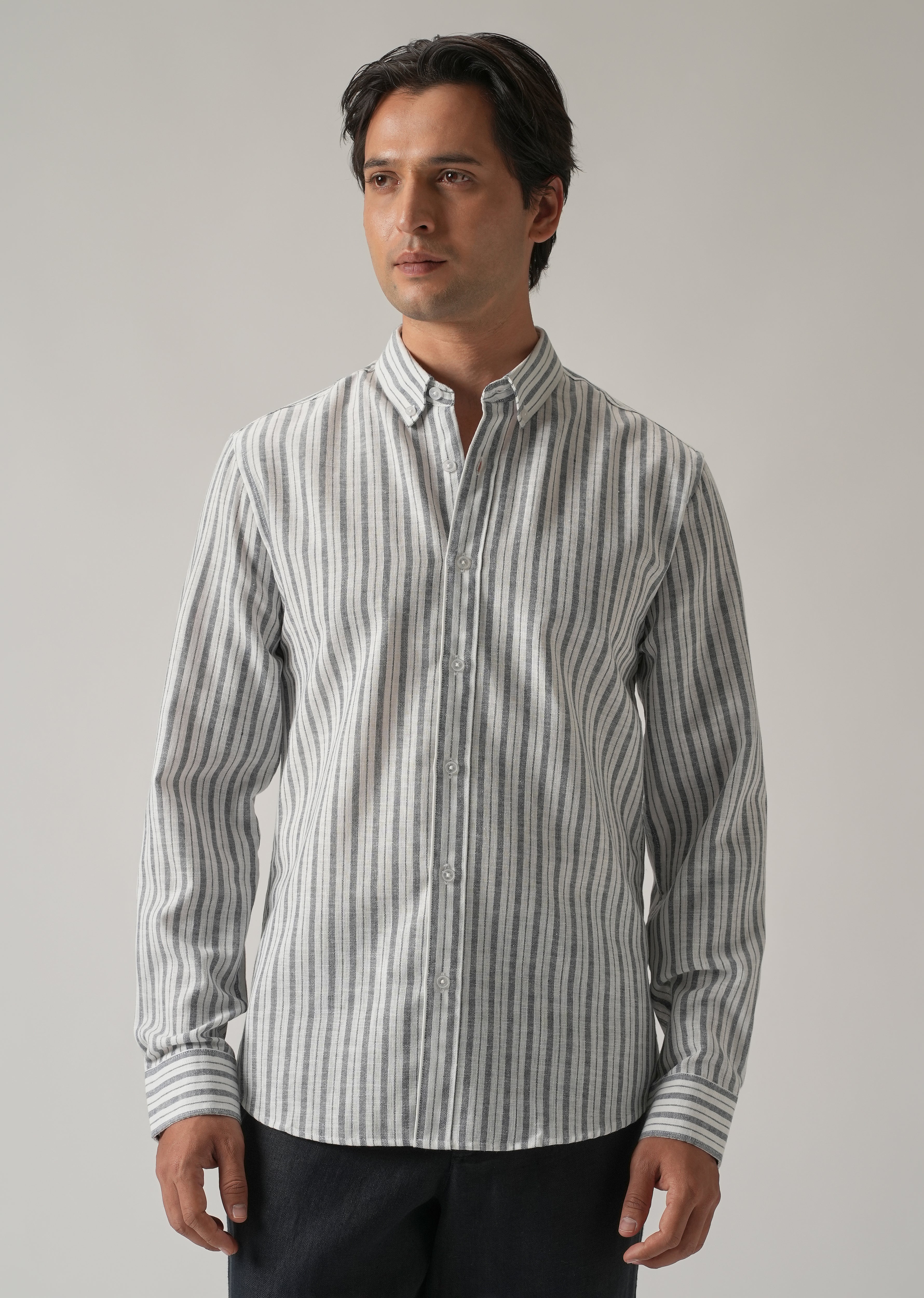 Dark Blue Linen Stripe Shirt - Image 3