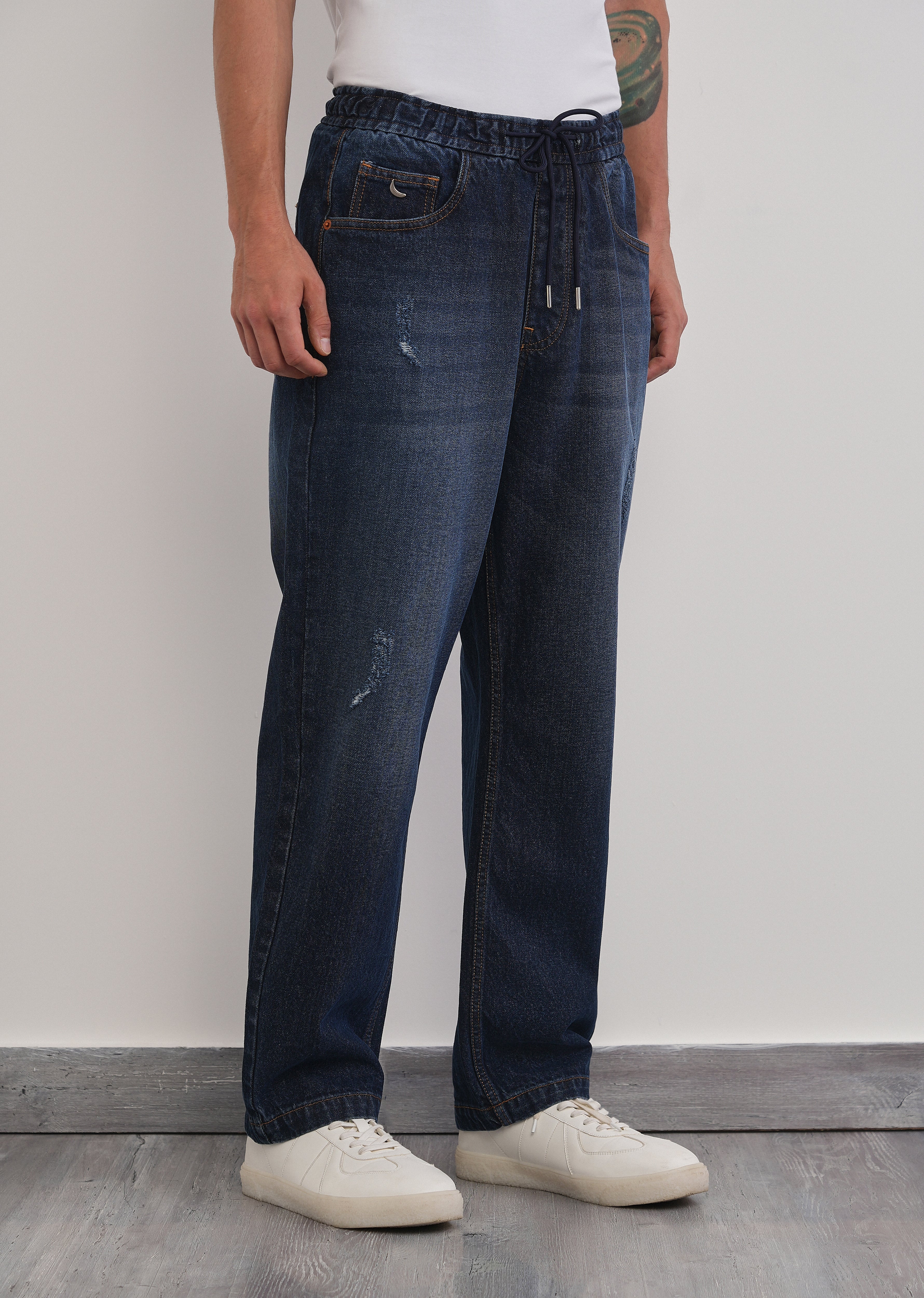 Dark Blue Loose Fit Elasticated Jogger Jeans - Image 4