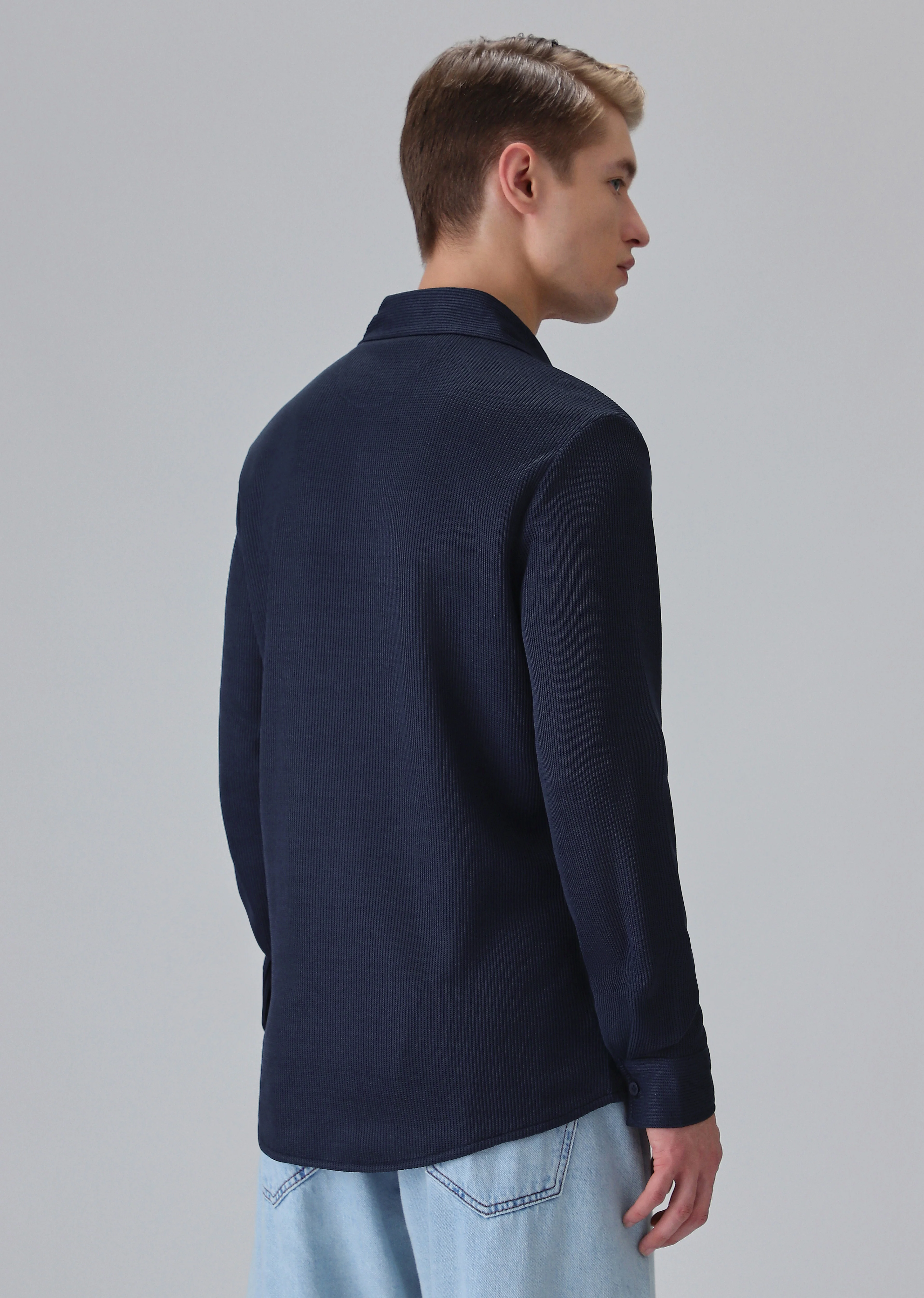 Dark Blue Plain Knitted Shirt - Image 2