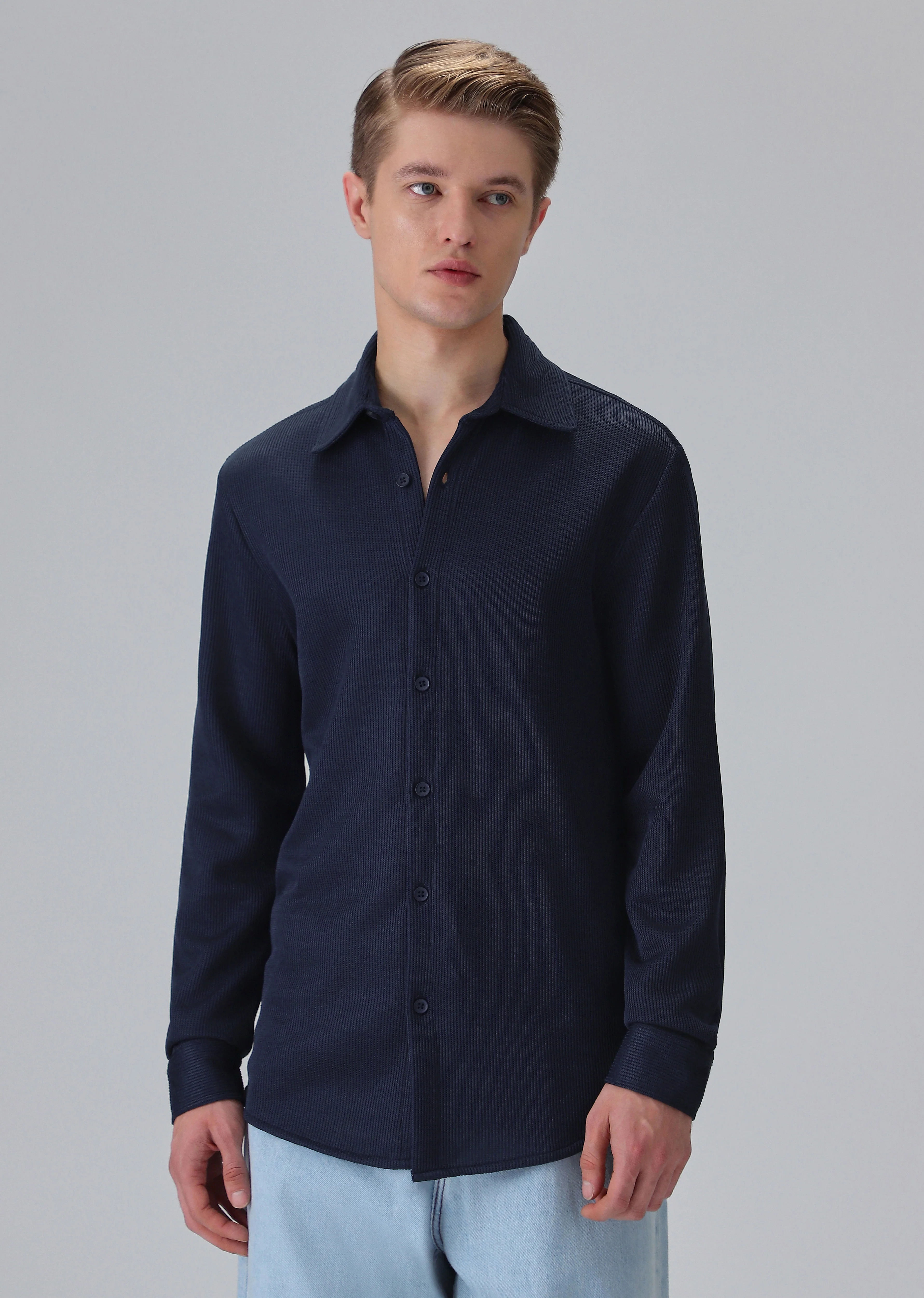 Dark Blue Plain Knitted Shirt - Image 3