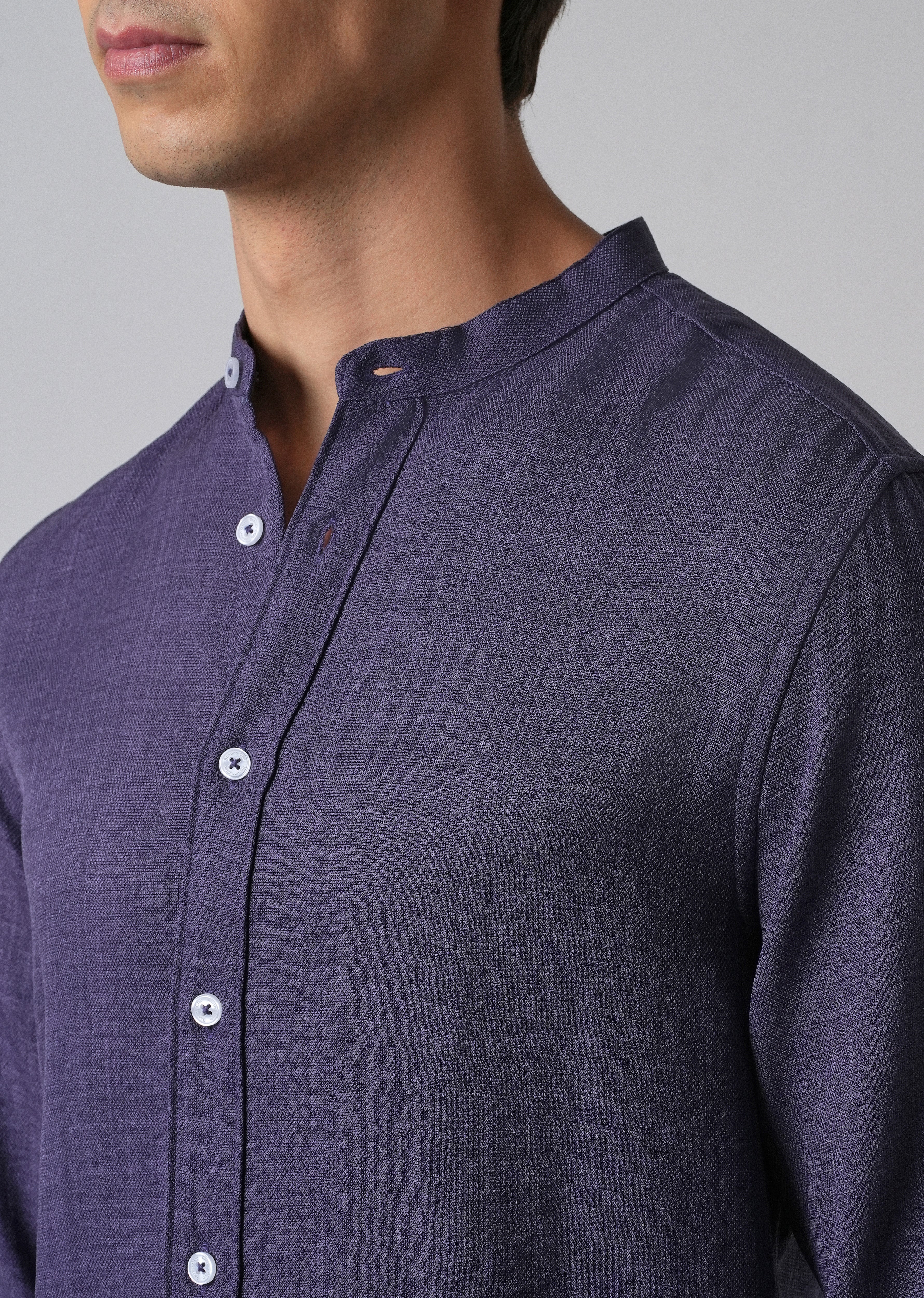 Dark Blue Plain Mandarin Collar Shirt - Image 5