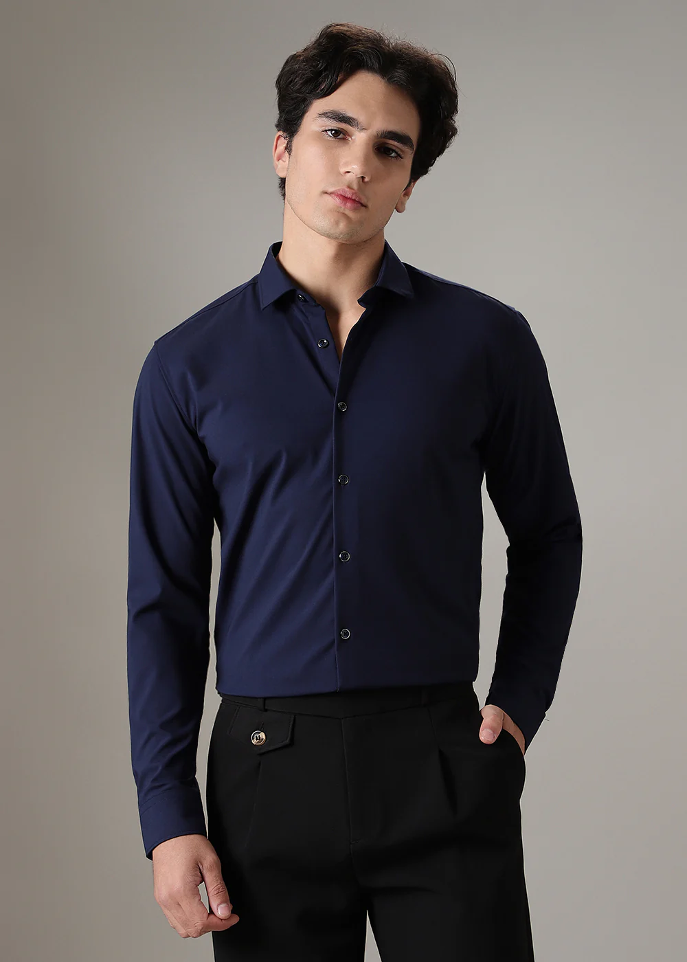 Dark Blue Plain Wrinkle Free Shirt - Image 3