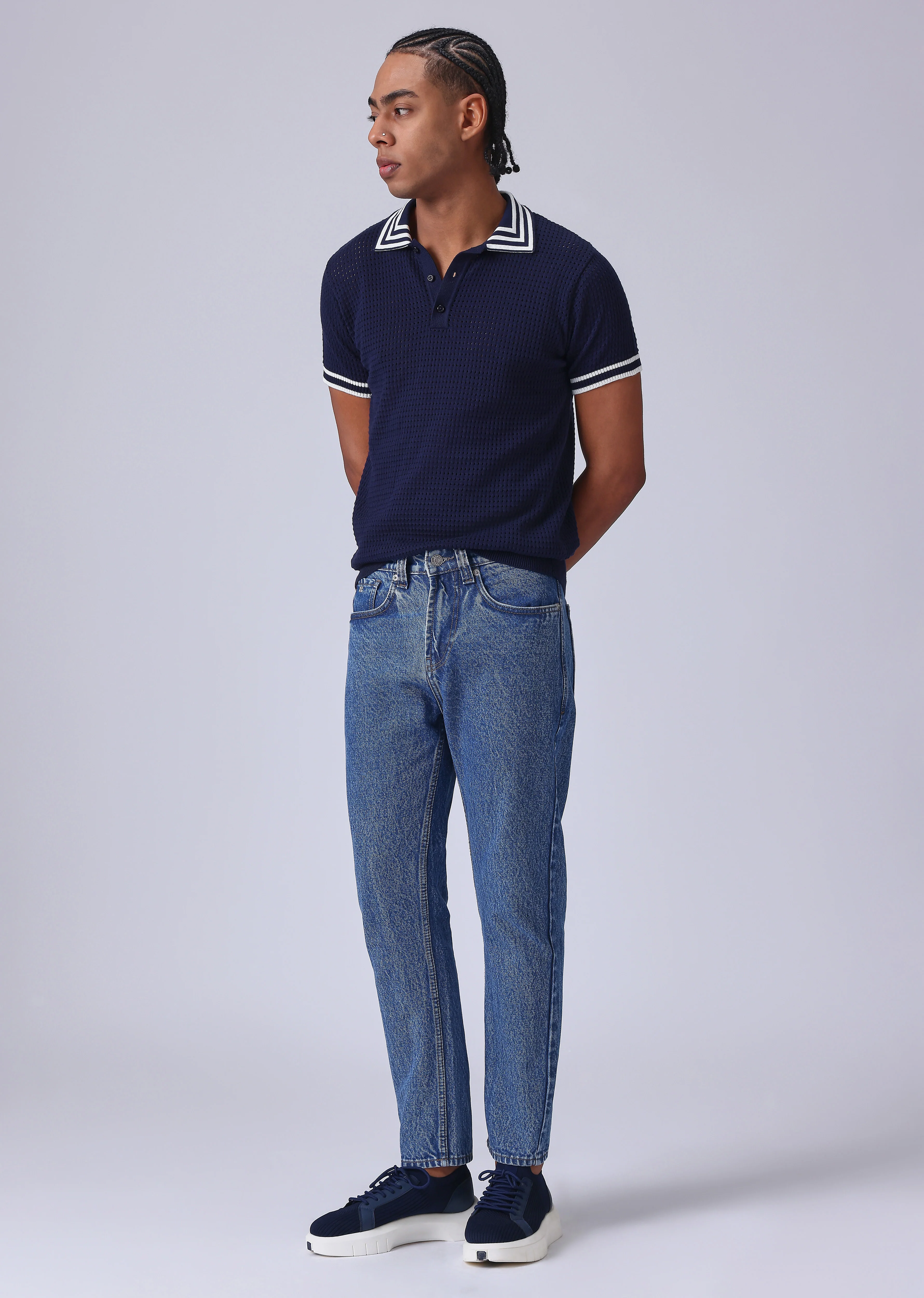 Dark Blue Wash Carrot Fit Jeans - Image 6