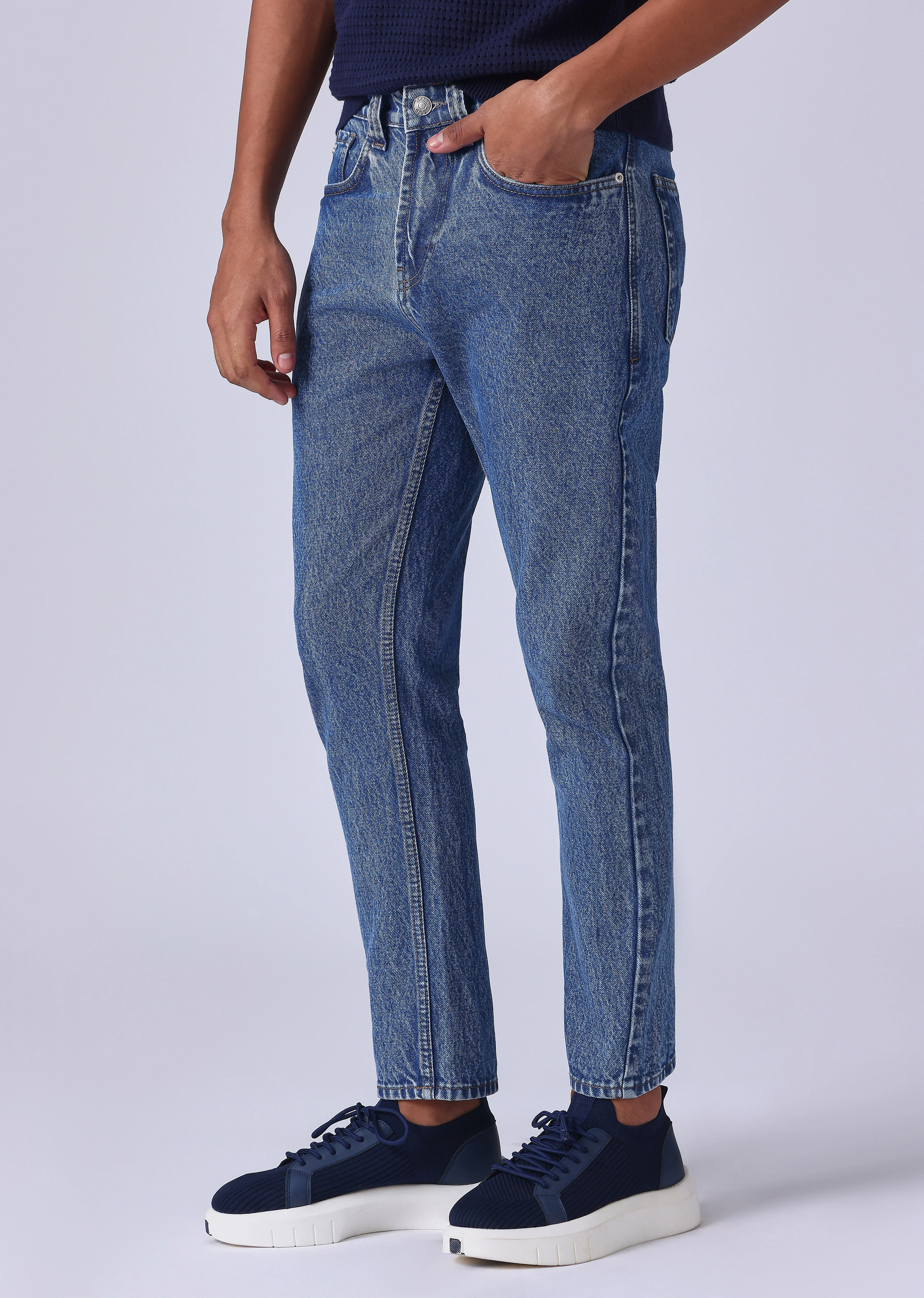 Dark Blue Wash Carrot Fit Jeans - Image 7