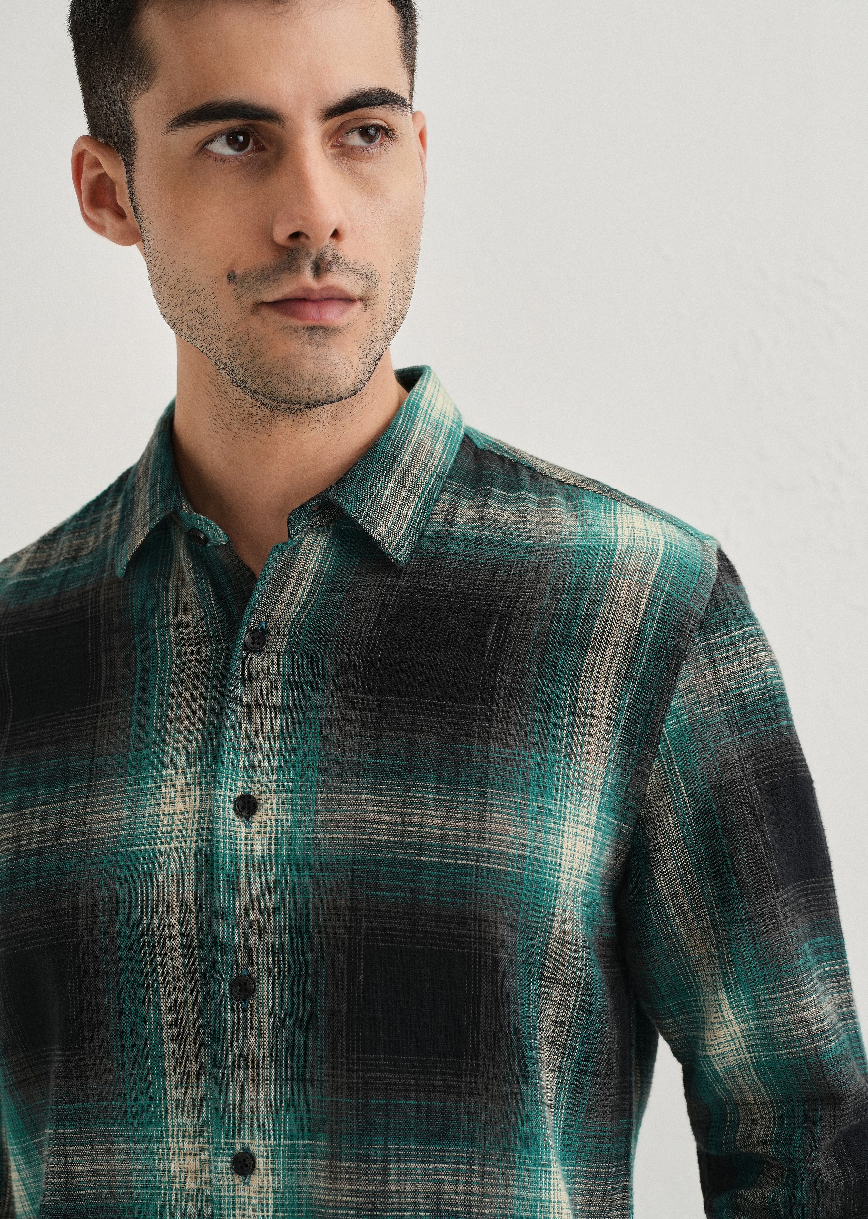 Dark Green Cotton Linen Check Shirt - Image 2