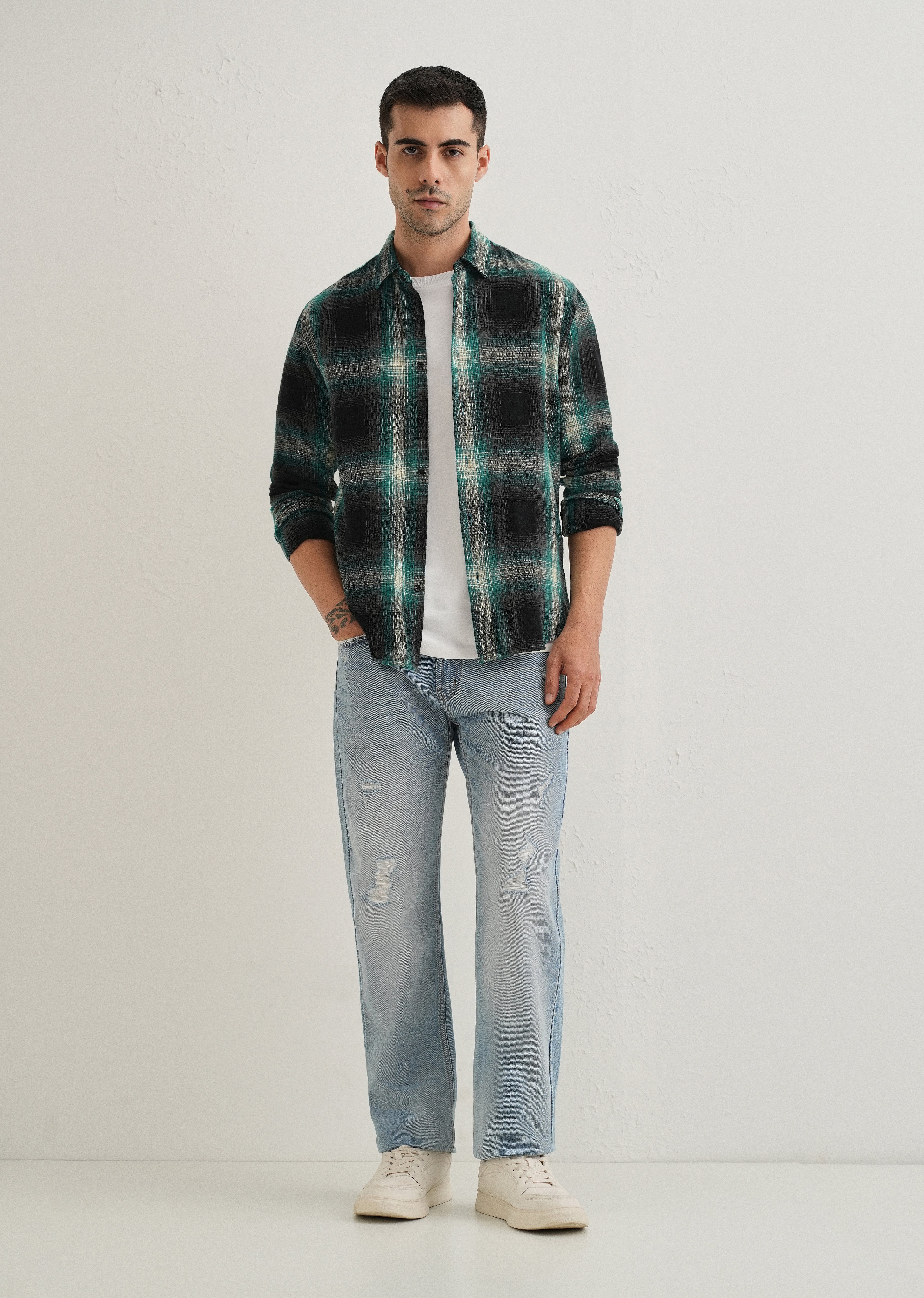 Dark Green Cotton Linen Check Shirt - Image 6