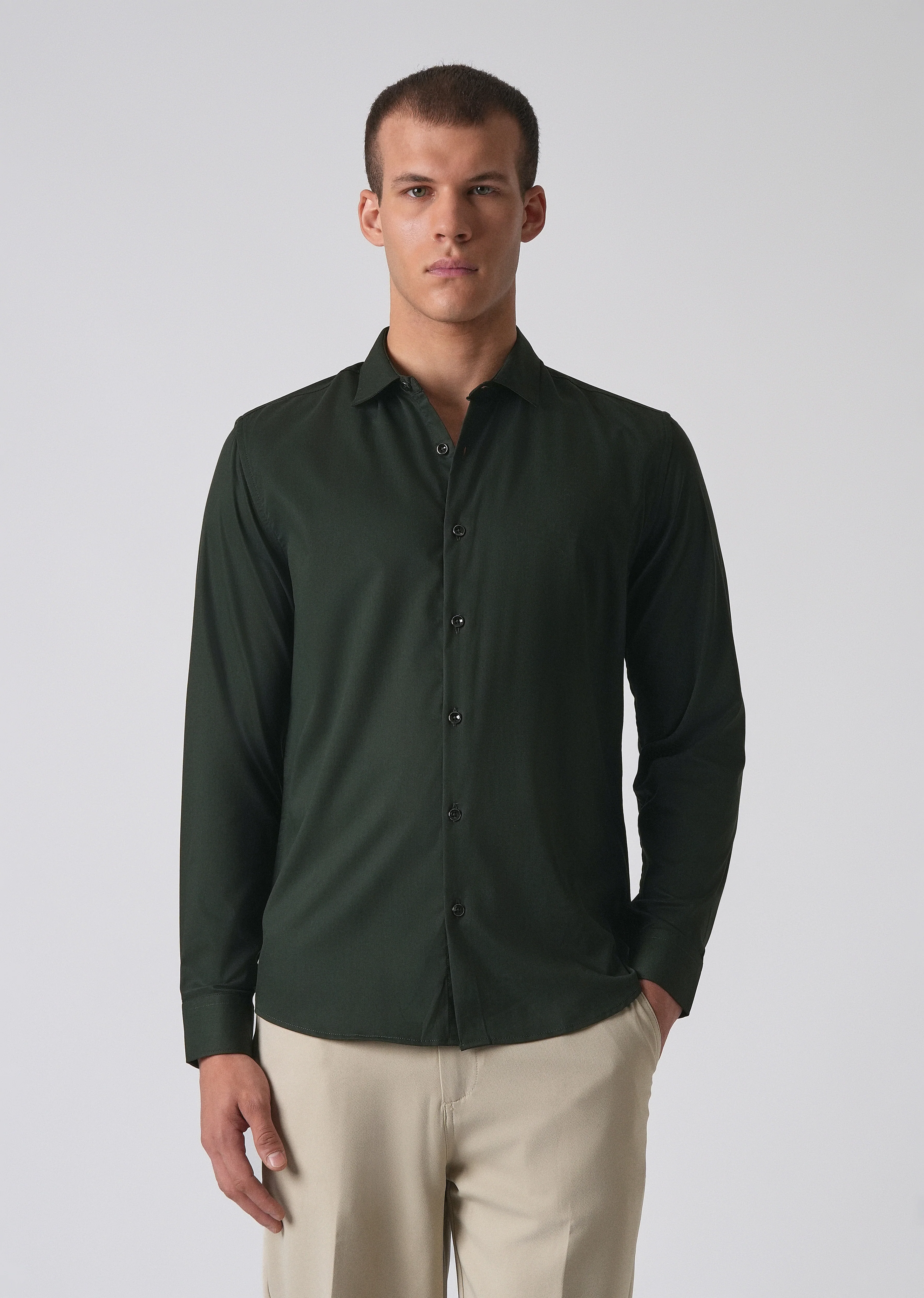 Dark Green Cotton Stretch Plain Shirt - Image 3