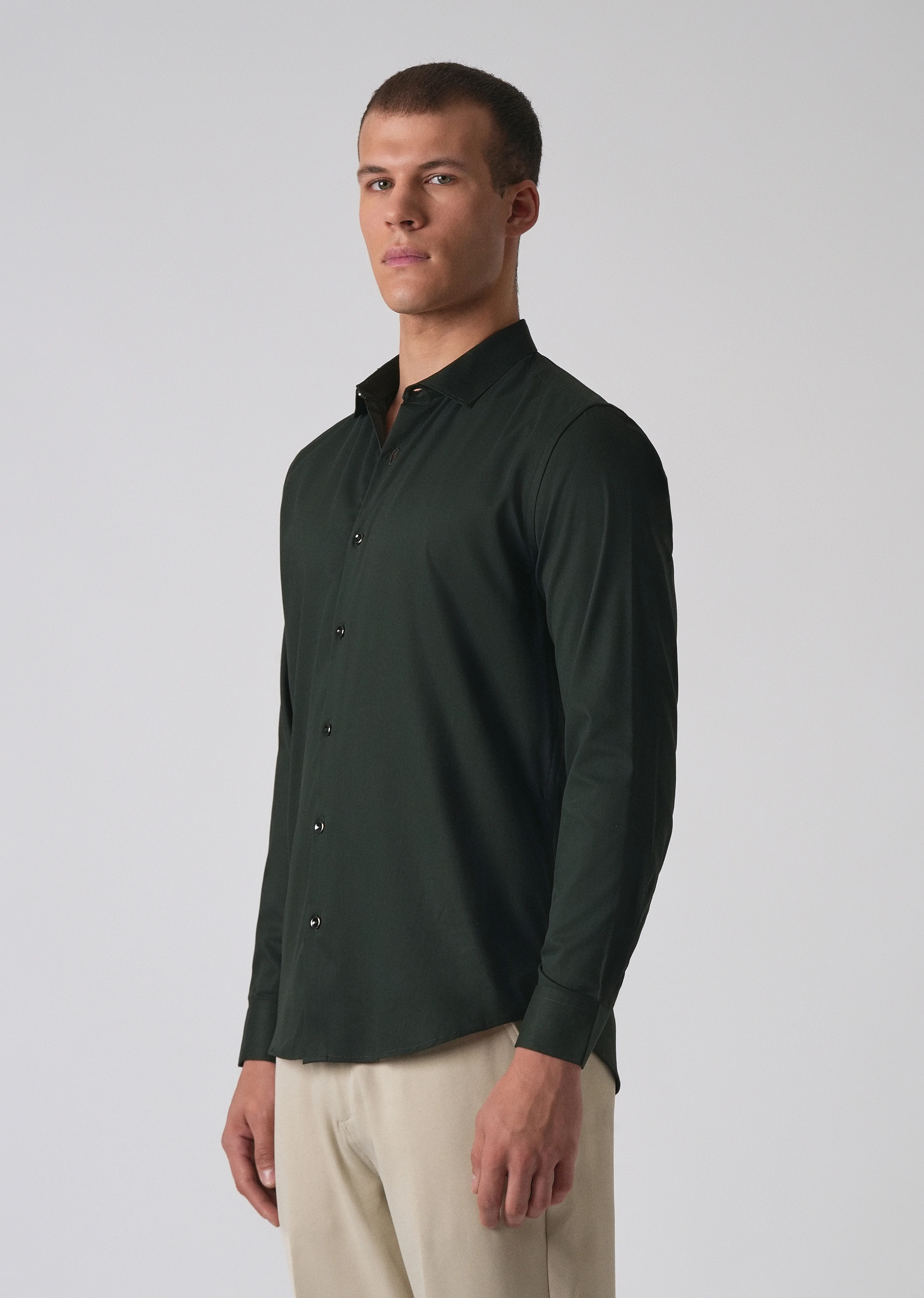 Dark Green Cotton Stretch Plain Shirt - Image 4