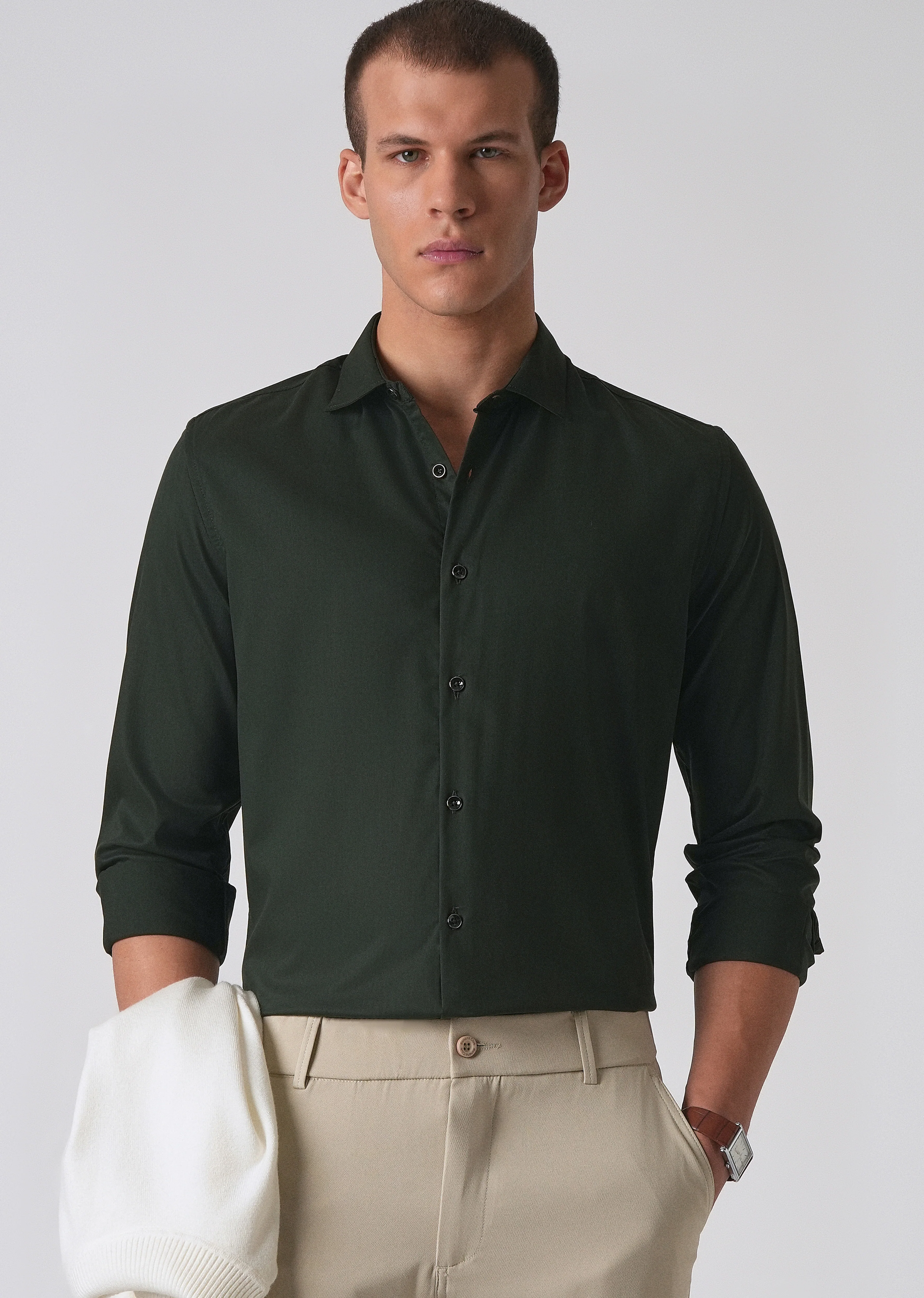 Dark Green Cotton Stretch Plain Shirt - Image 7