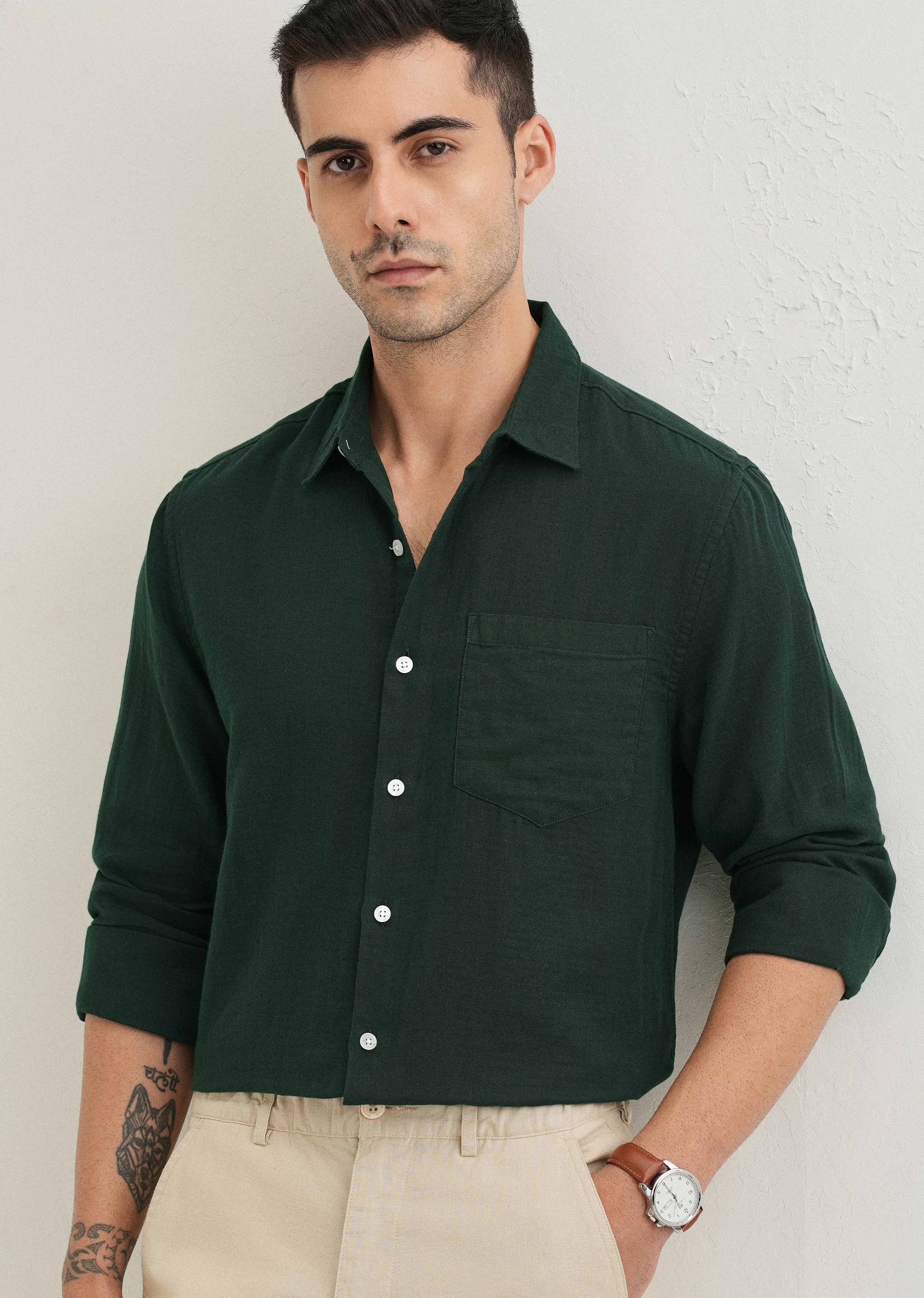 Dark Green Double Cloth Cotton Shirt - Image 7