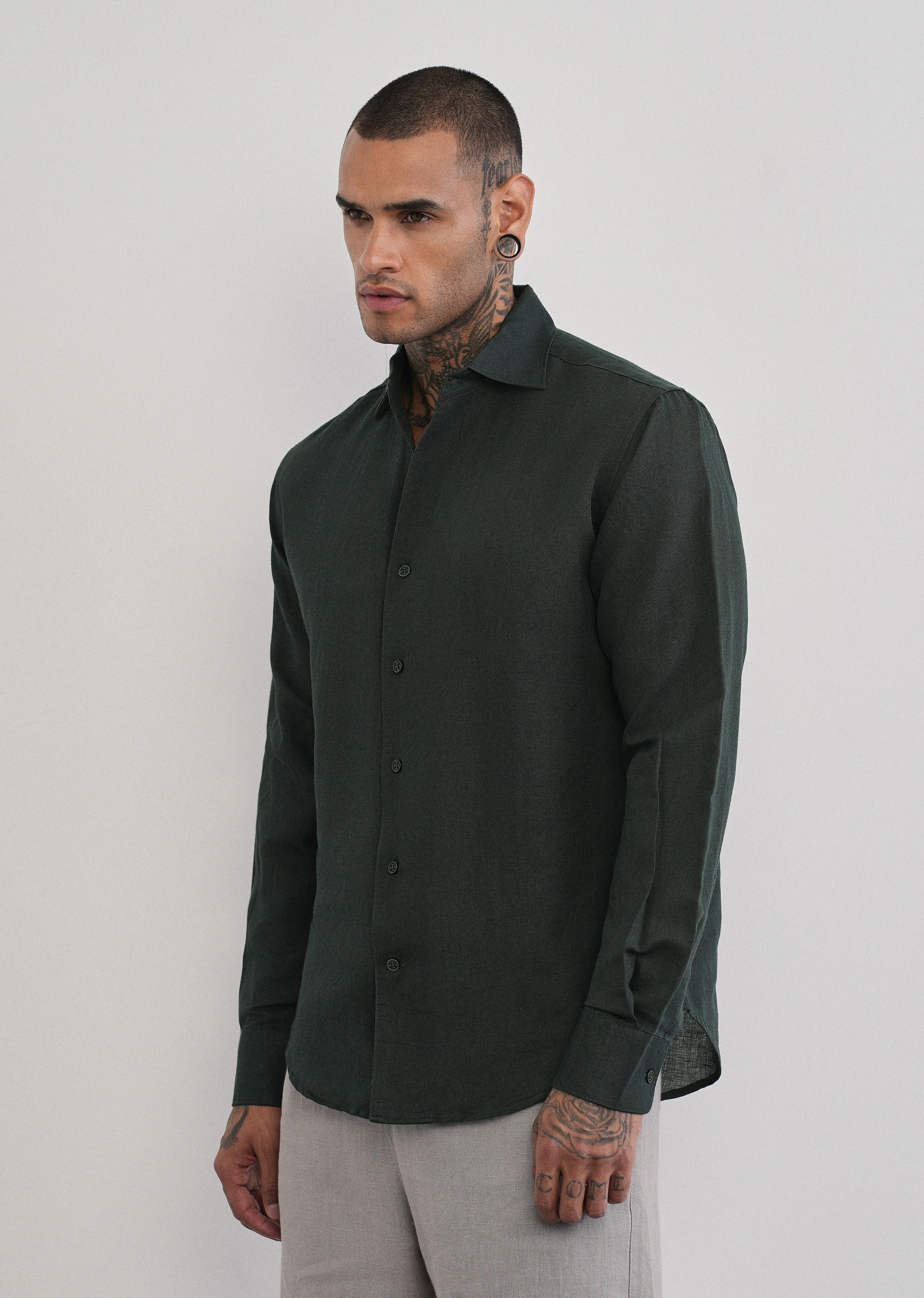 Dark Green Plain Cotton Linen Shirt - Image 4