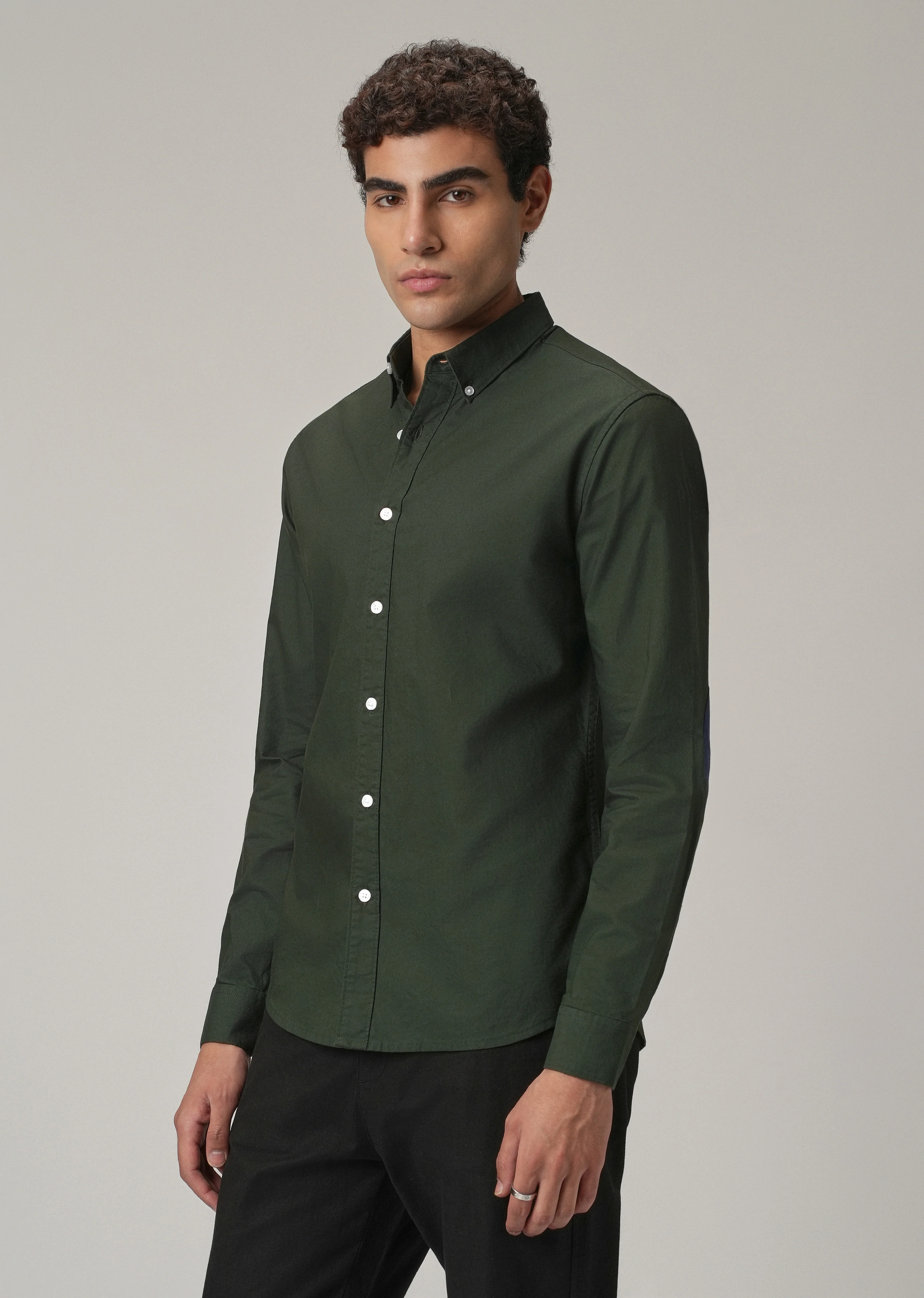 Dark Green Plain Elbow Patch Oxford Shirt - Image 5