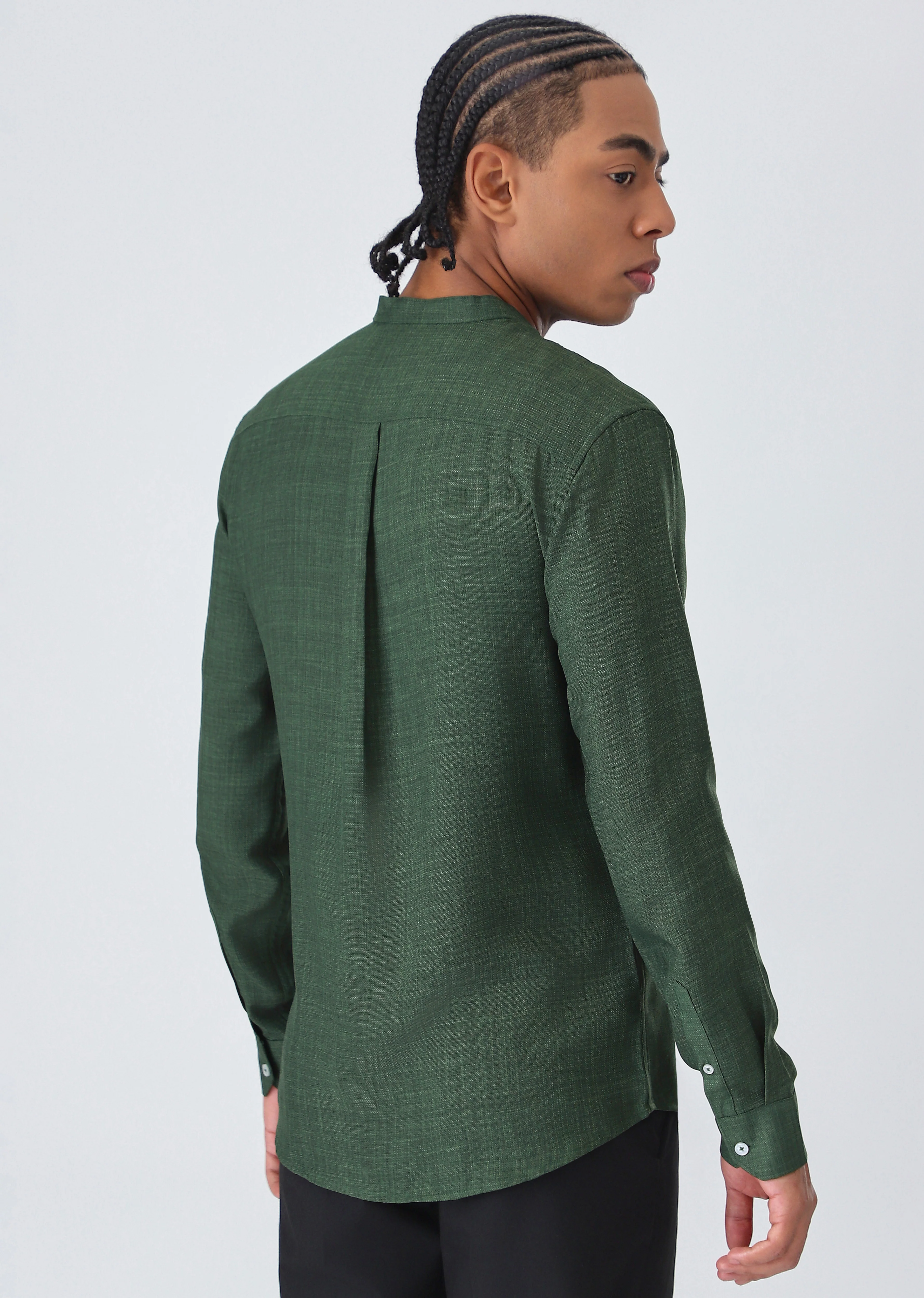 Dark Green Plain Mandarin Collar Shirt - Image 2