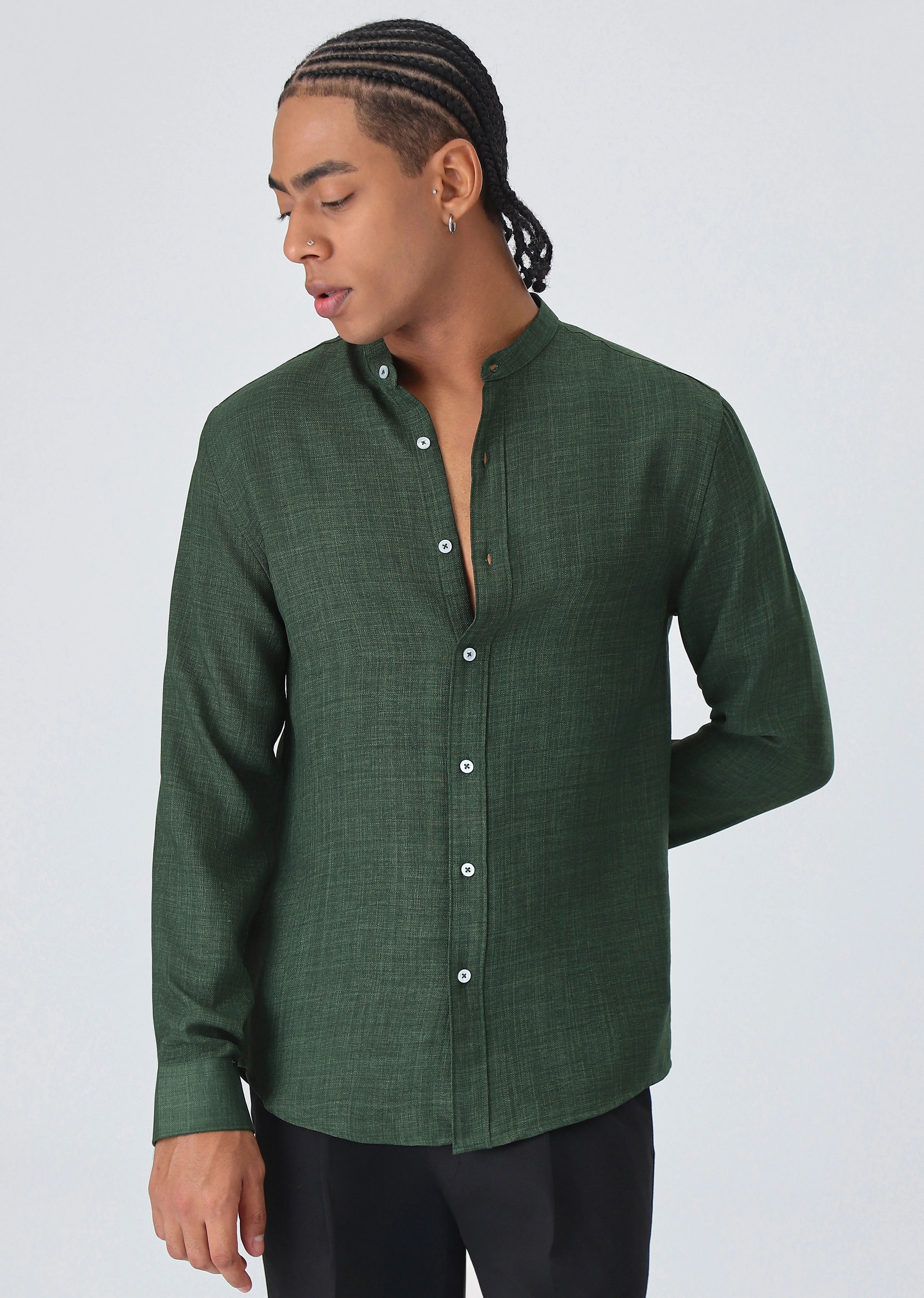Dark Green Plain Mandarin Collar Shirt - Image 3