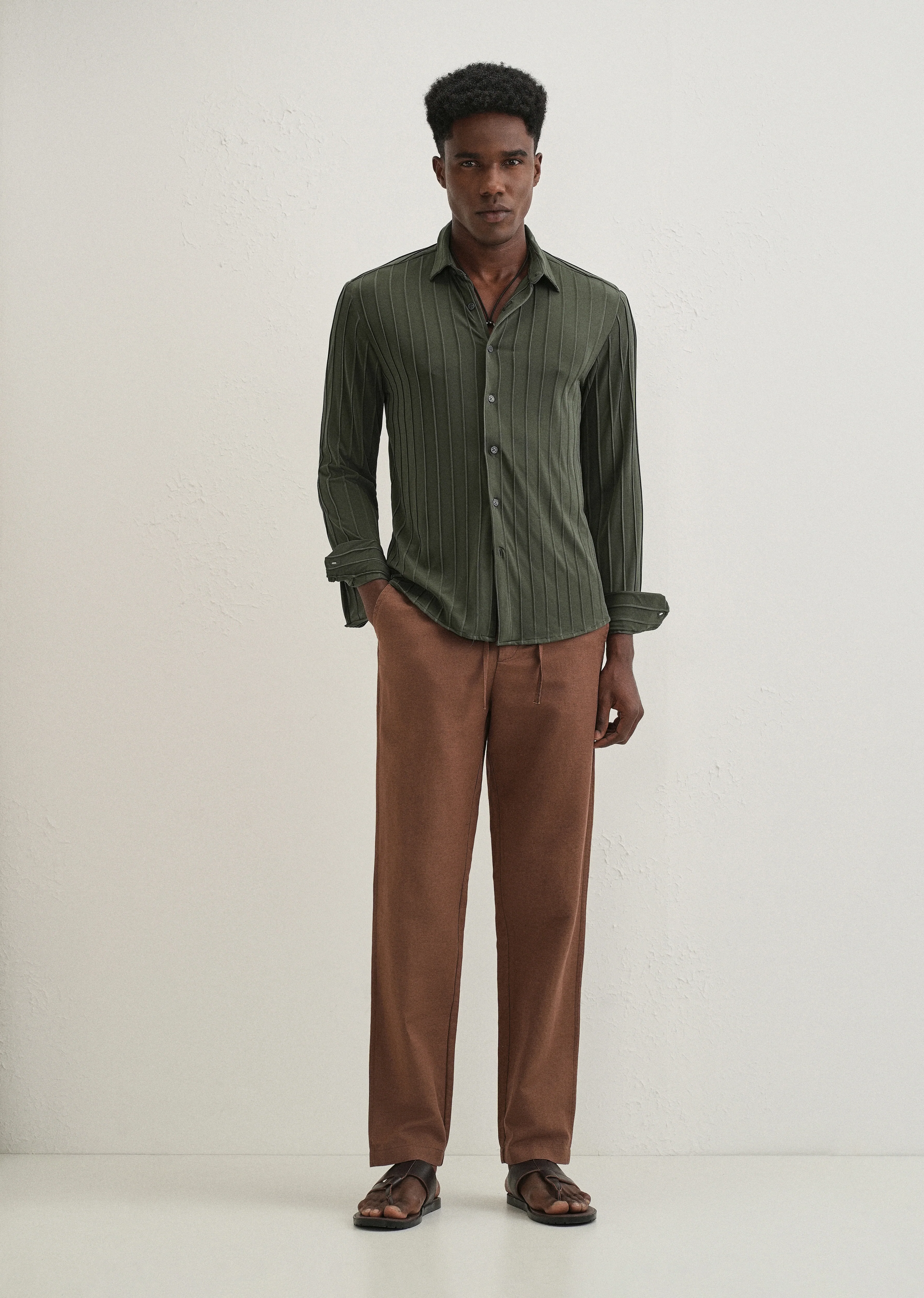 Dark Green Plain Stripe Shirt - Image 6