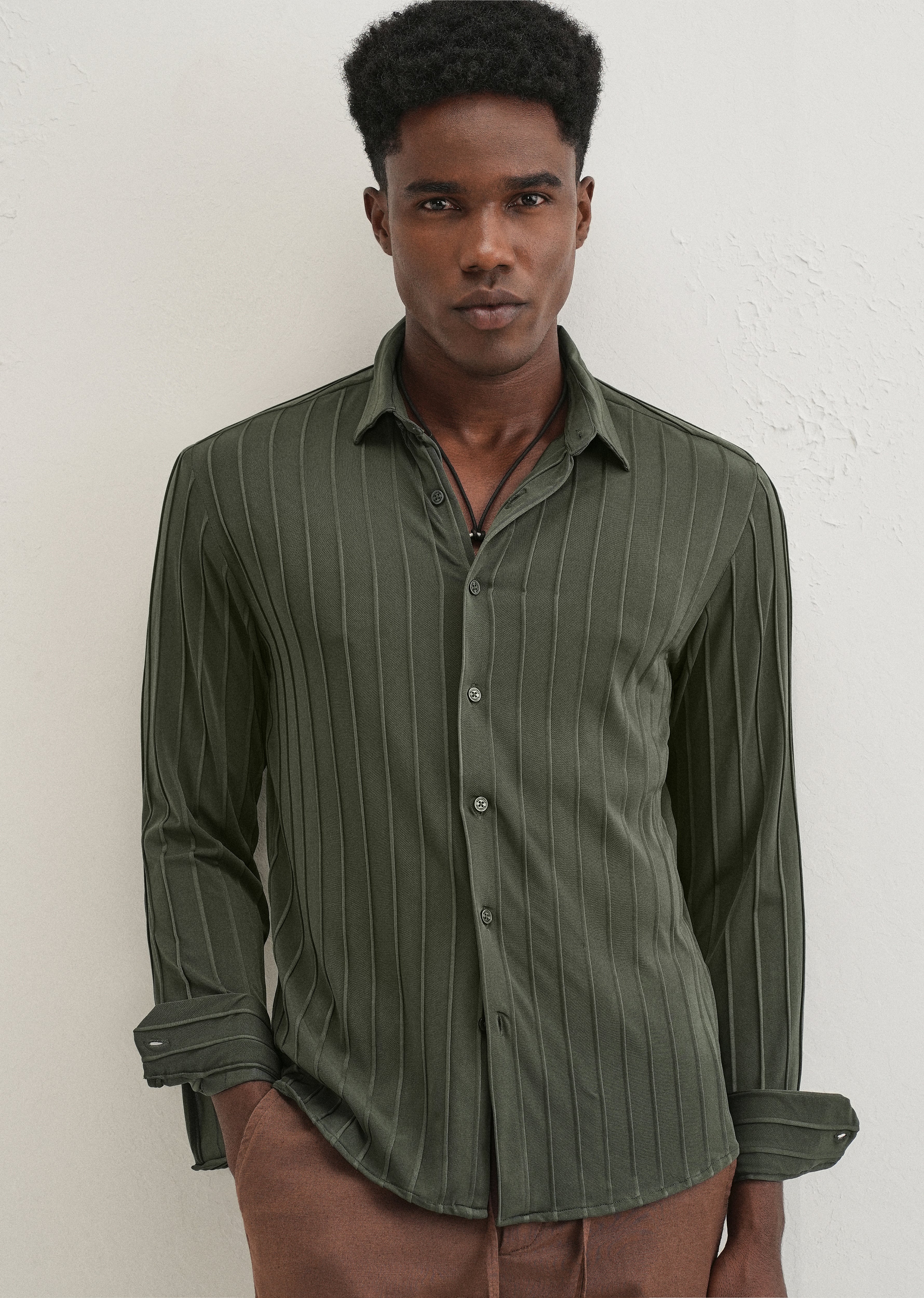 Dark Green Plain Stripe Shirt - Image 7