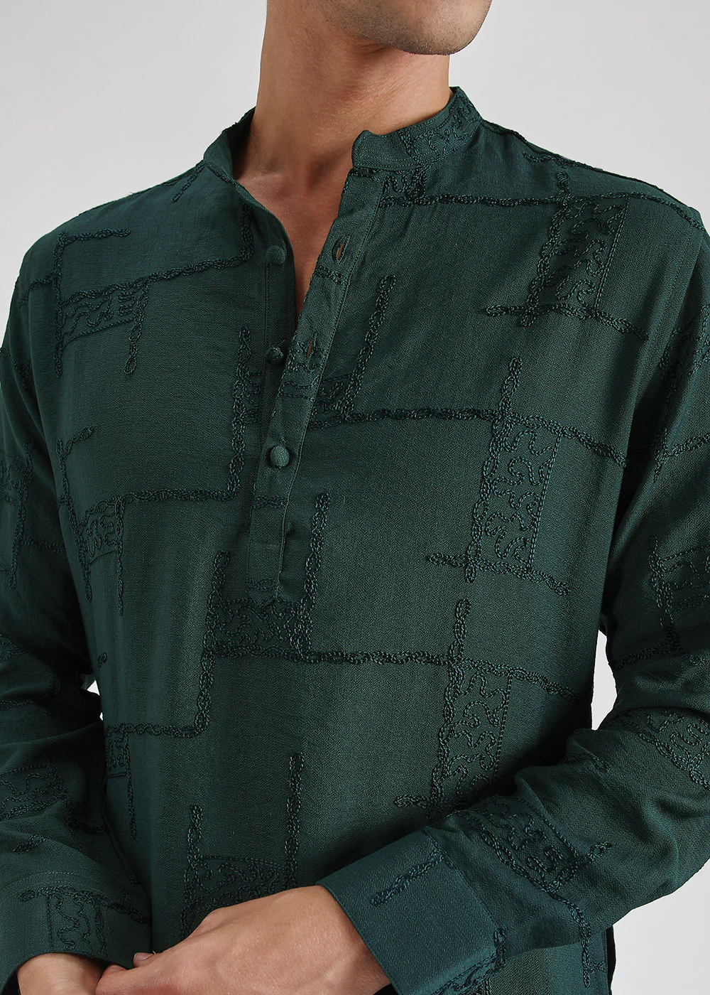 Dark Green Self Thread Embroidered Kurta - Image 2
