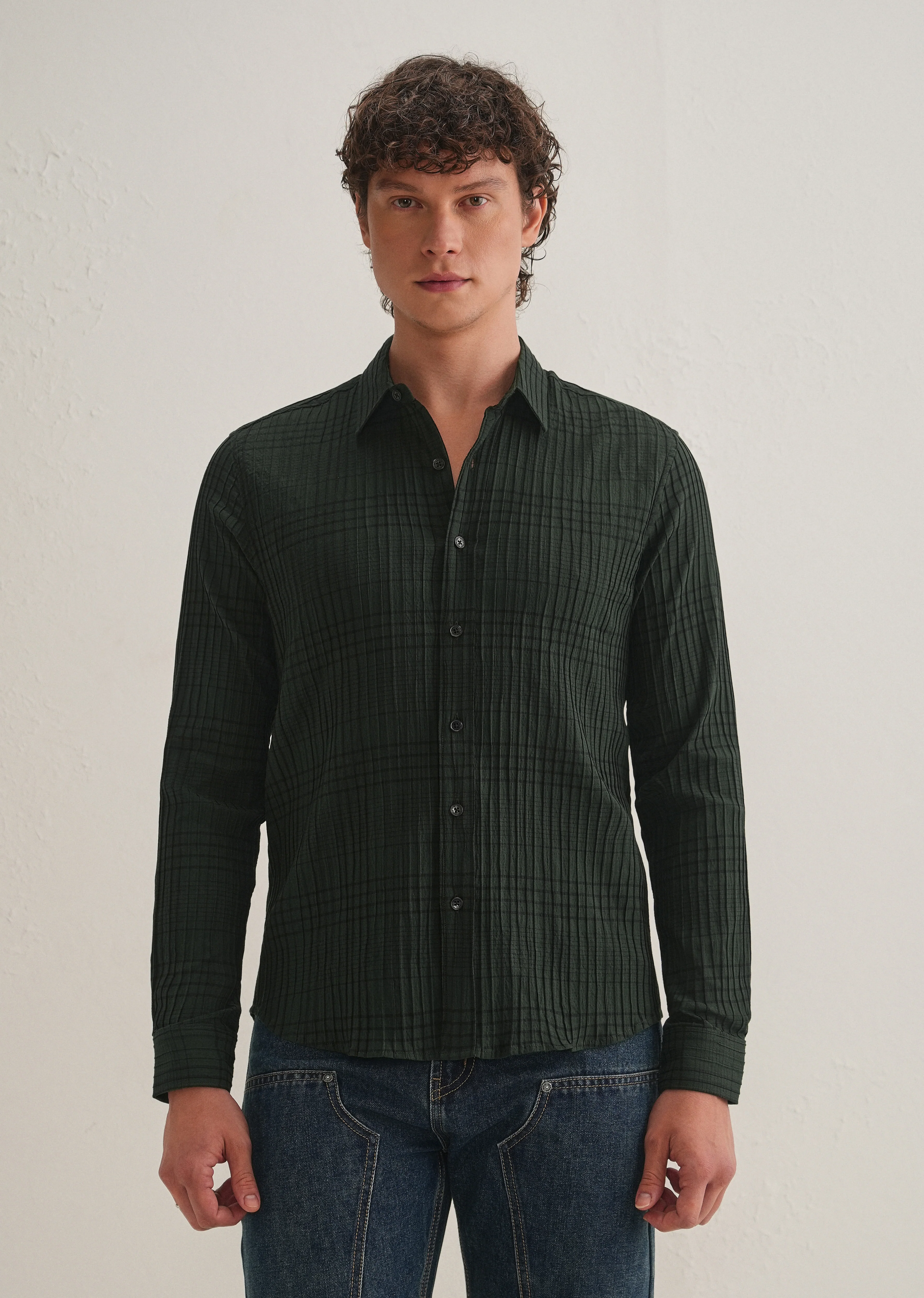 Dark Green Self-Pleated Check Shirt - Image 3