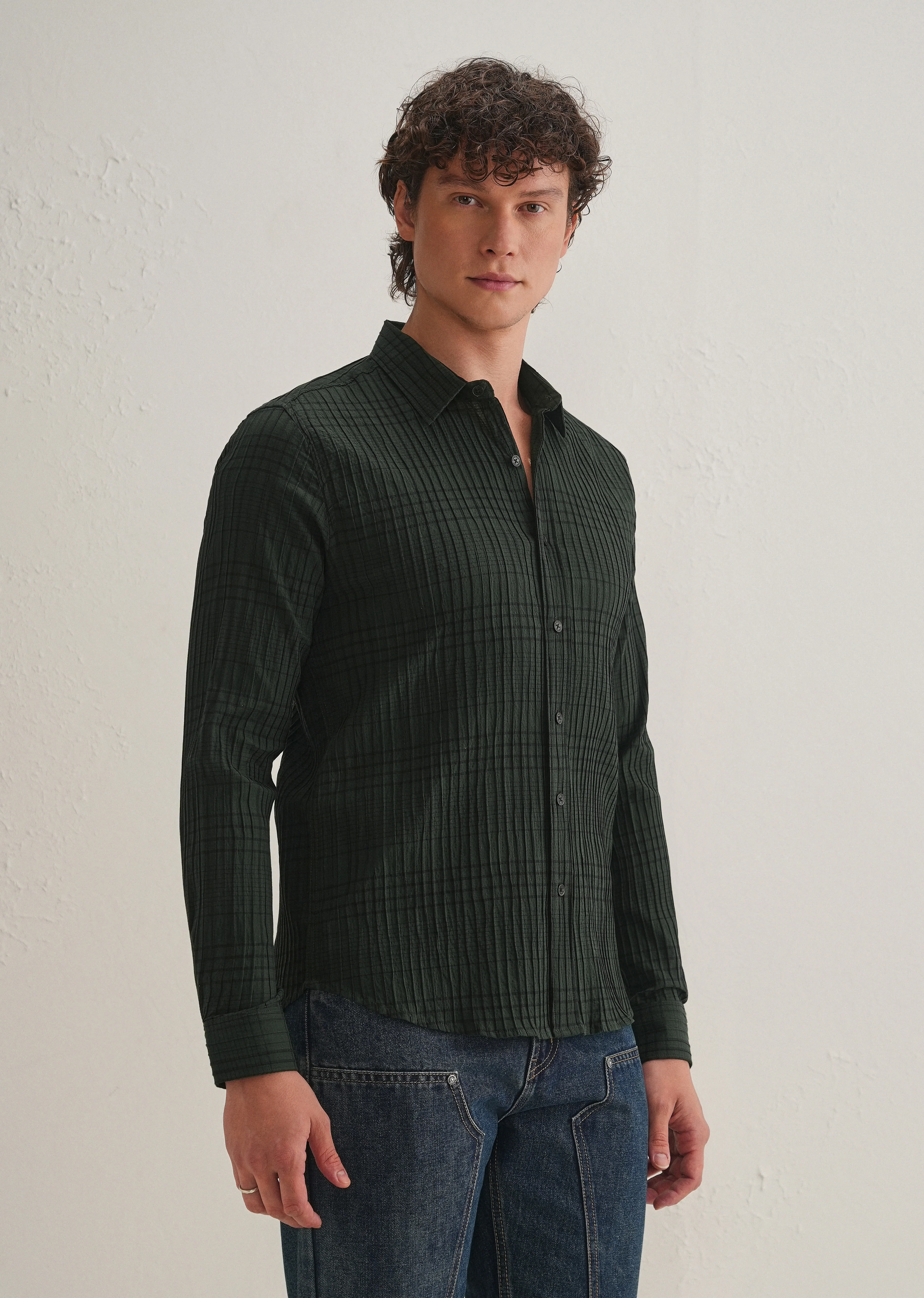 Dark Green Self-Pleated Check Shirt - Image 5