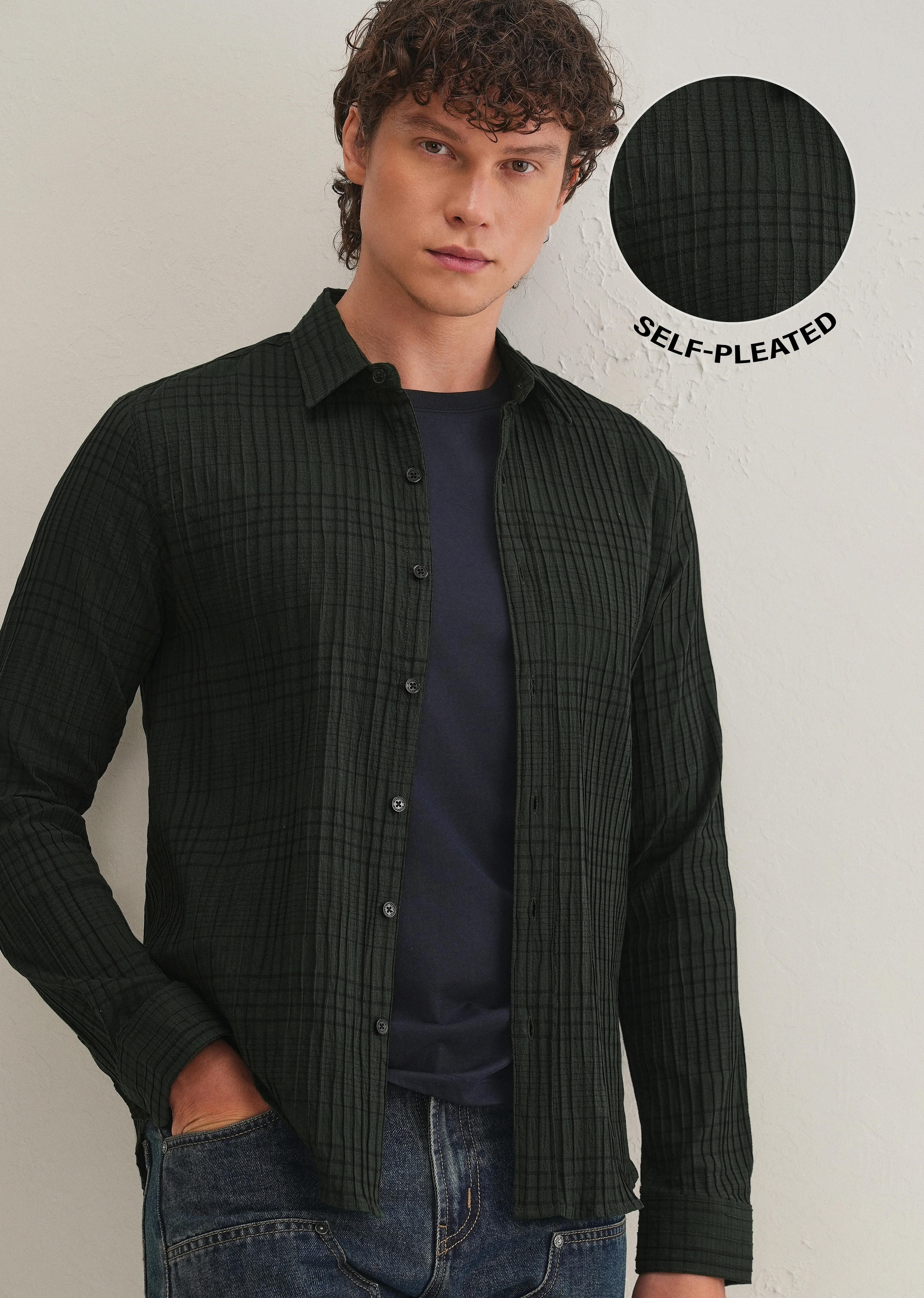 Dark Green Self-Pleated Check Shirt - Image 7
