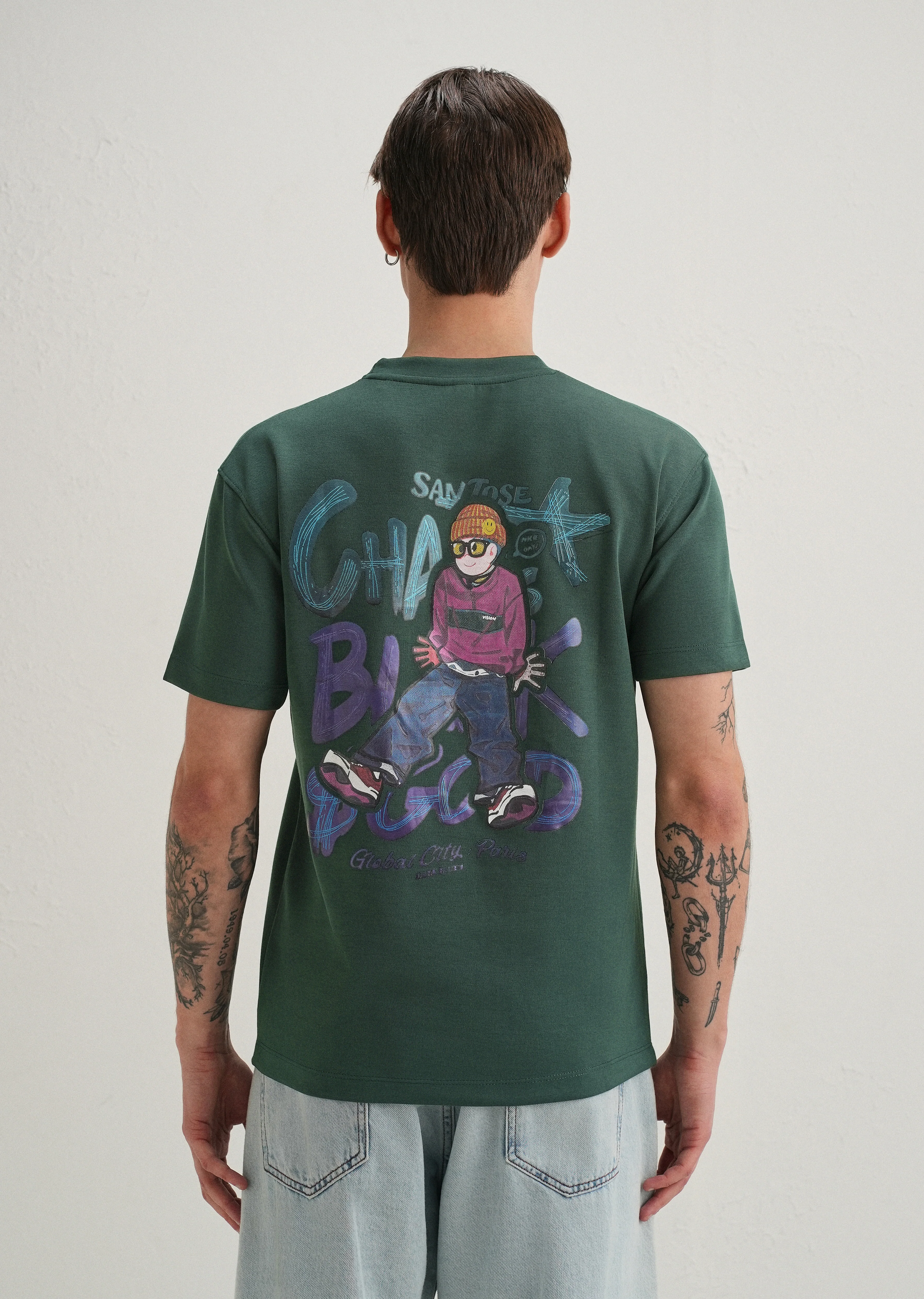 Dark Green Textured Back Print T-Shirt - Image 3