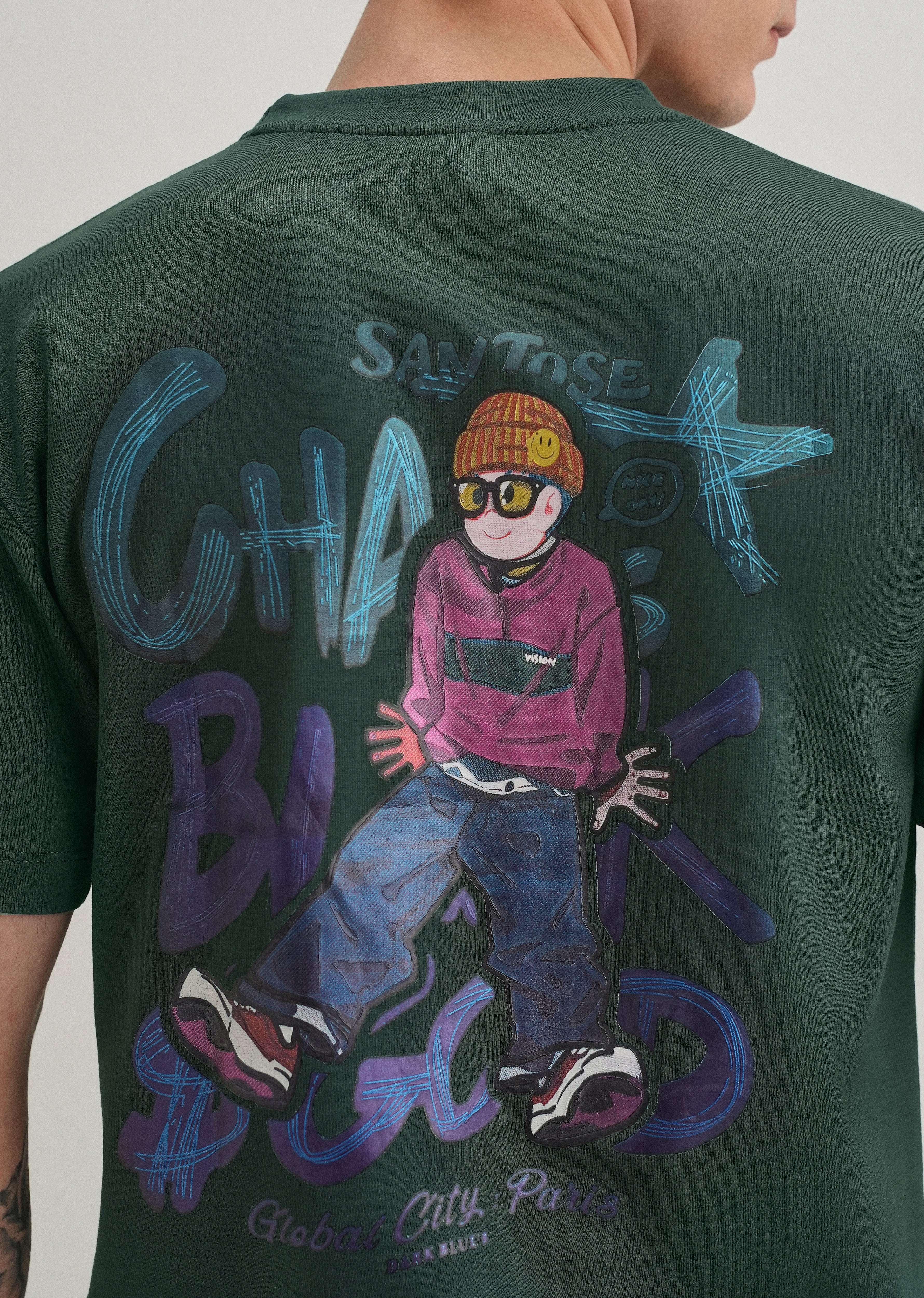 Dark Green Textured Back Print T-Shirt - Image 6