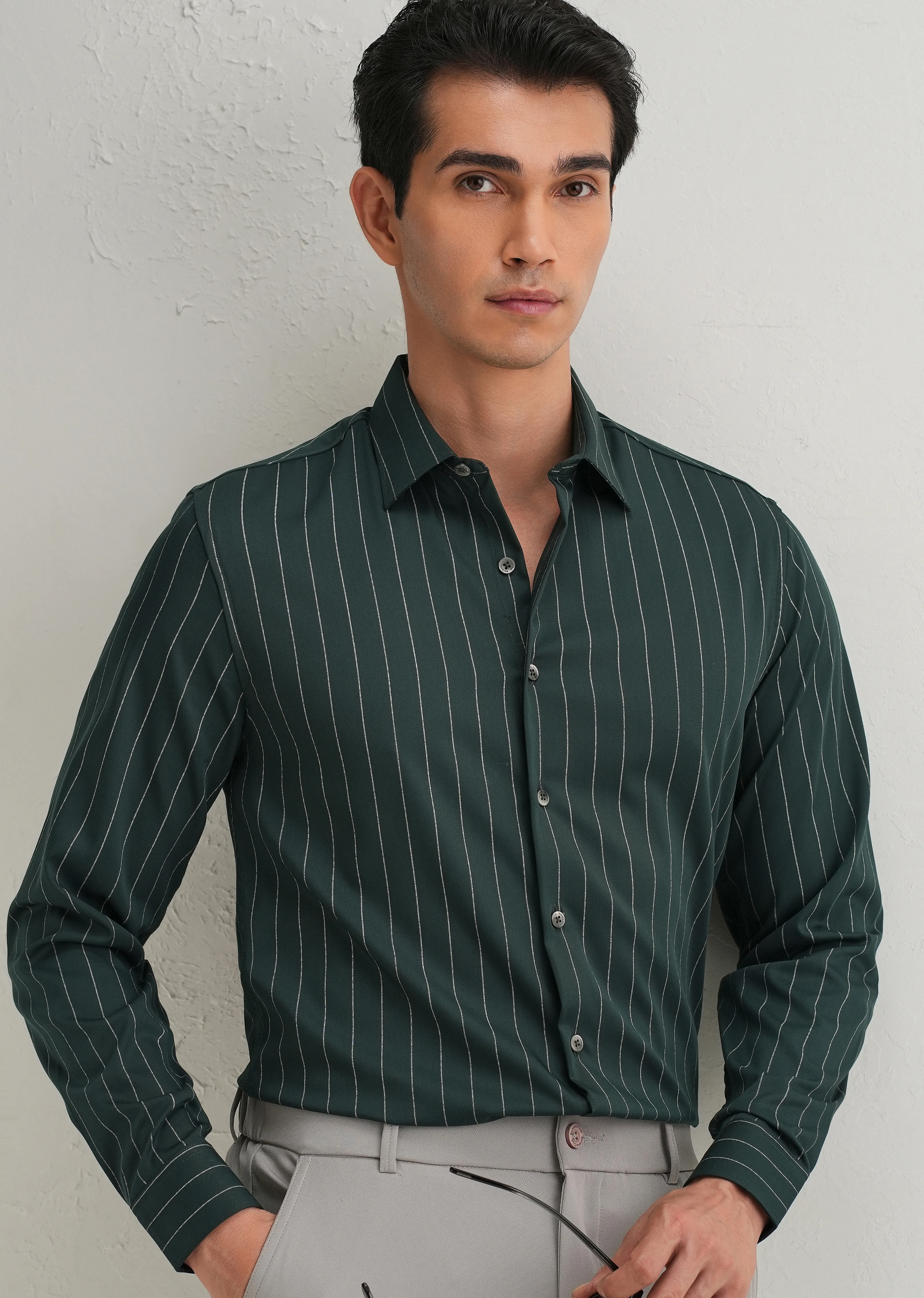 Dark Green Vertical Stripe Shirt - Image 8