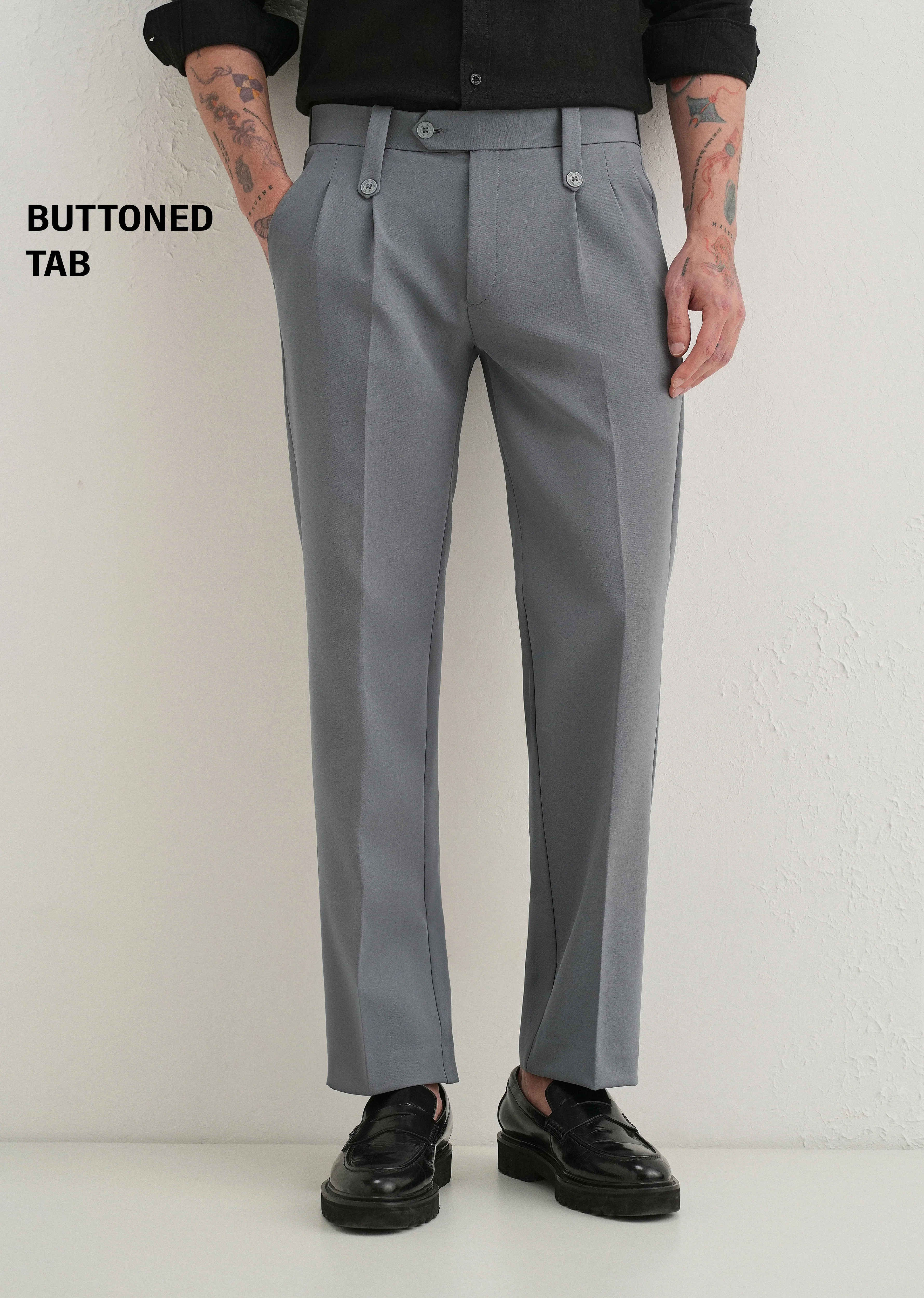 Dark Grey Button-Tab Pleat Trouser - Image 7