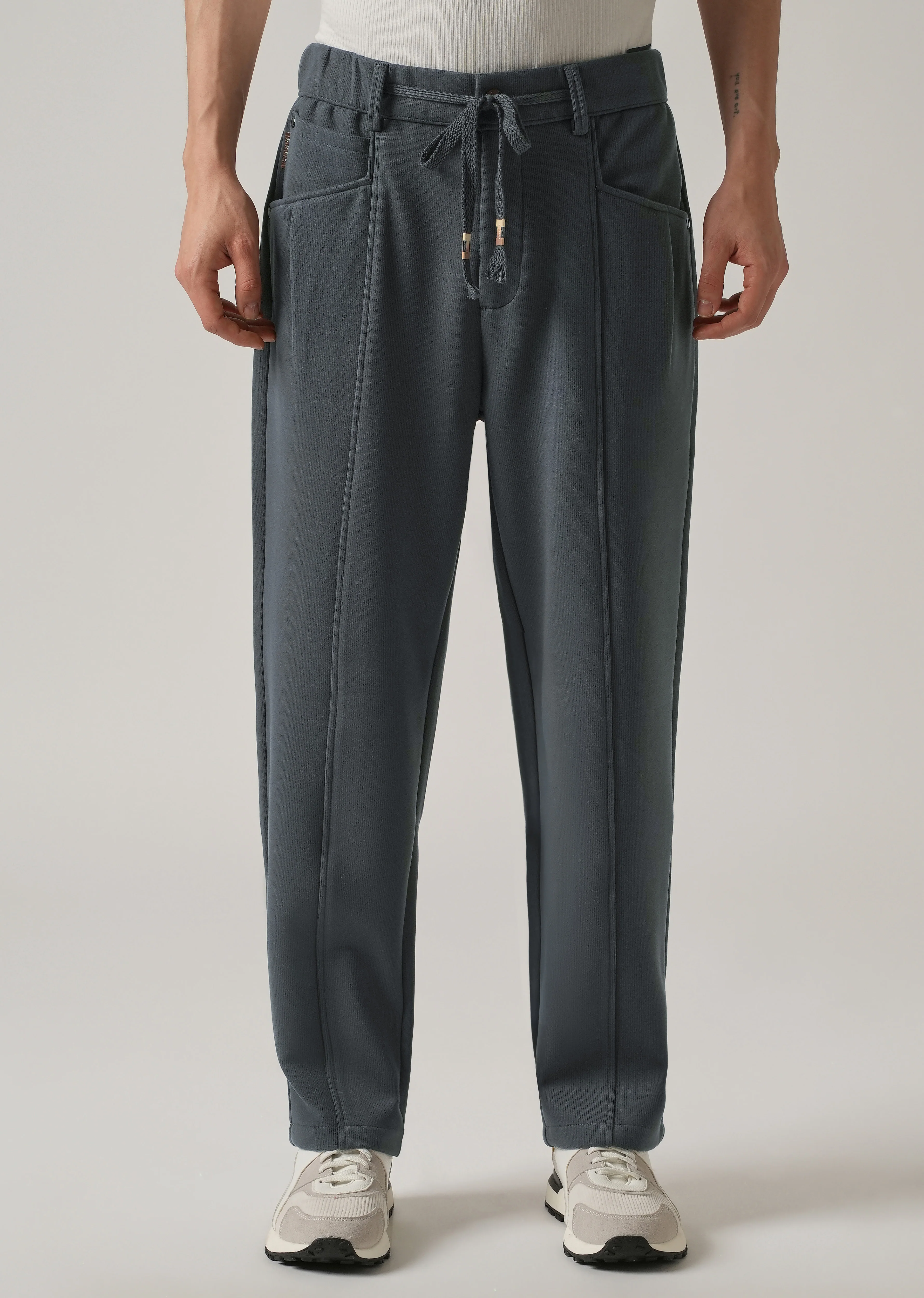 Dark Grey Corduroy Relaxed Fit Drawstring Pant - Image 3