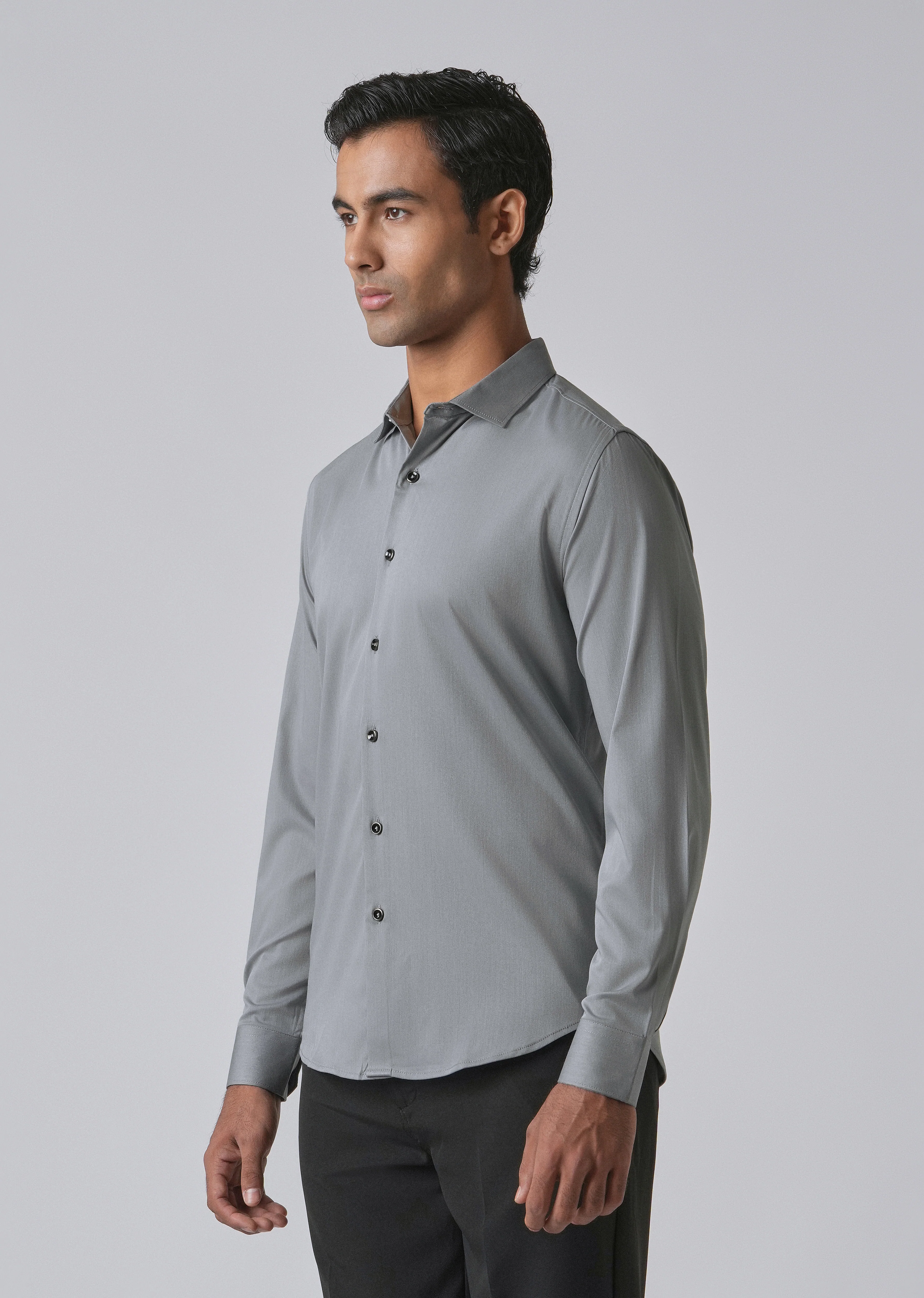 Dark Grey Cotton Stretch Plain Shirt - Image 4