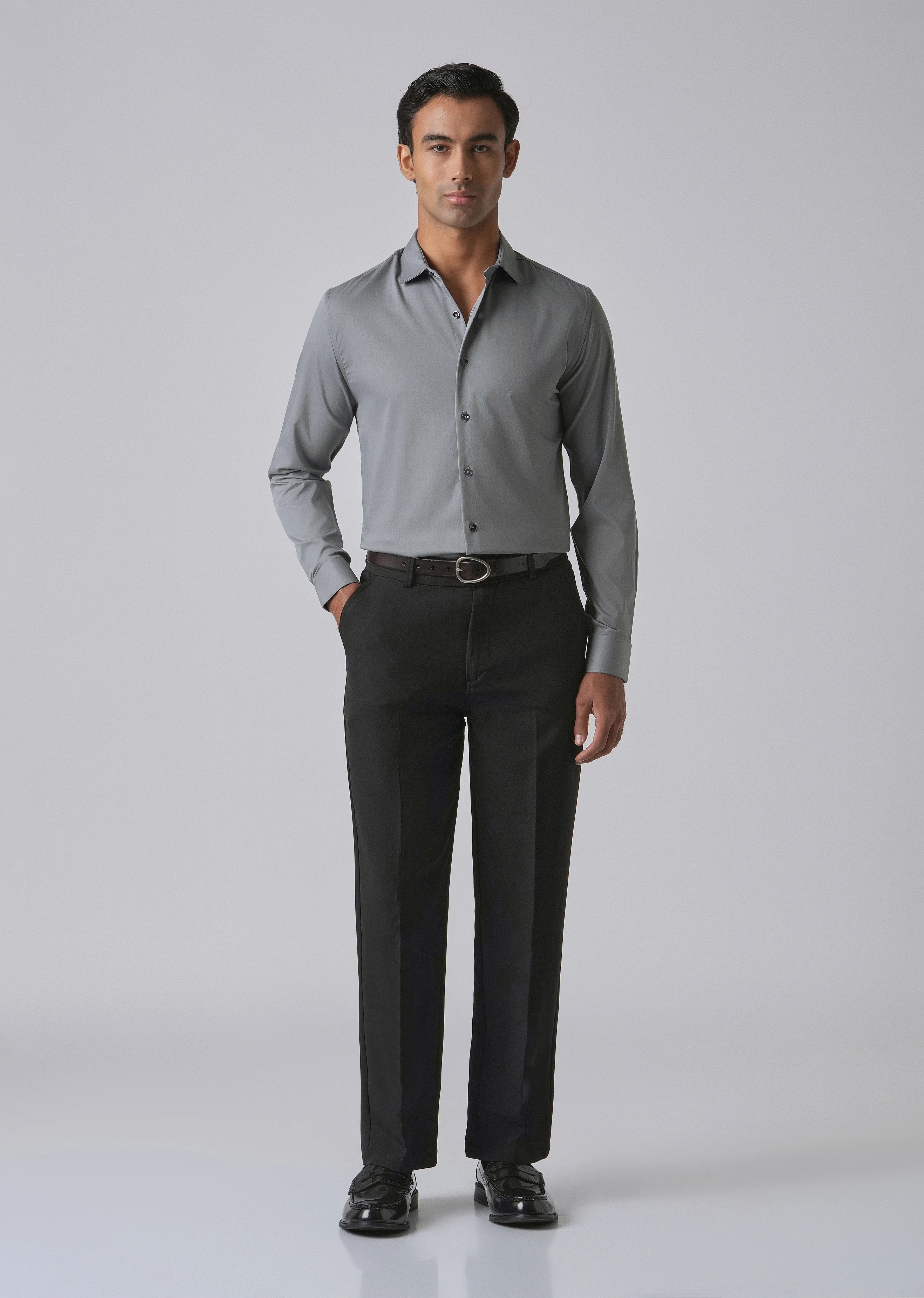 Dark Grey Cotton Stretch Plain Shirt - Image 6