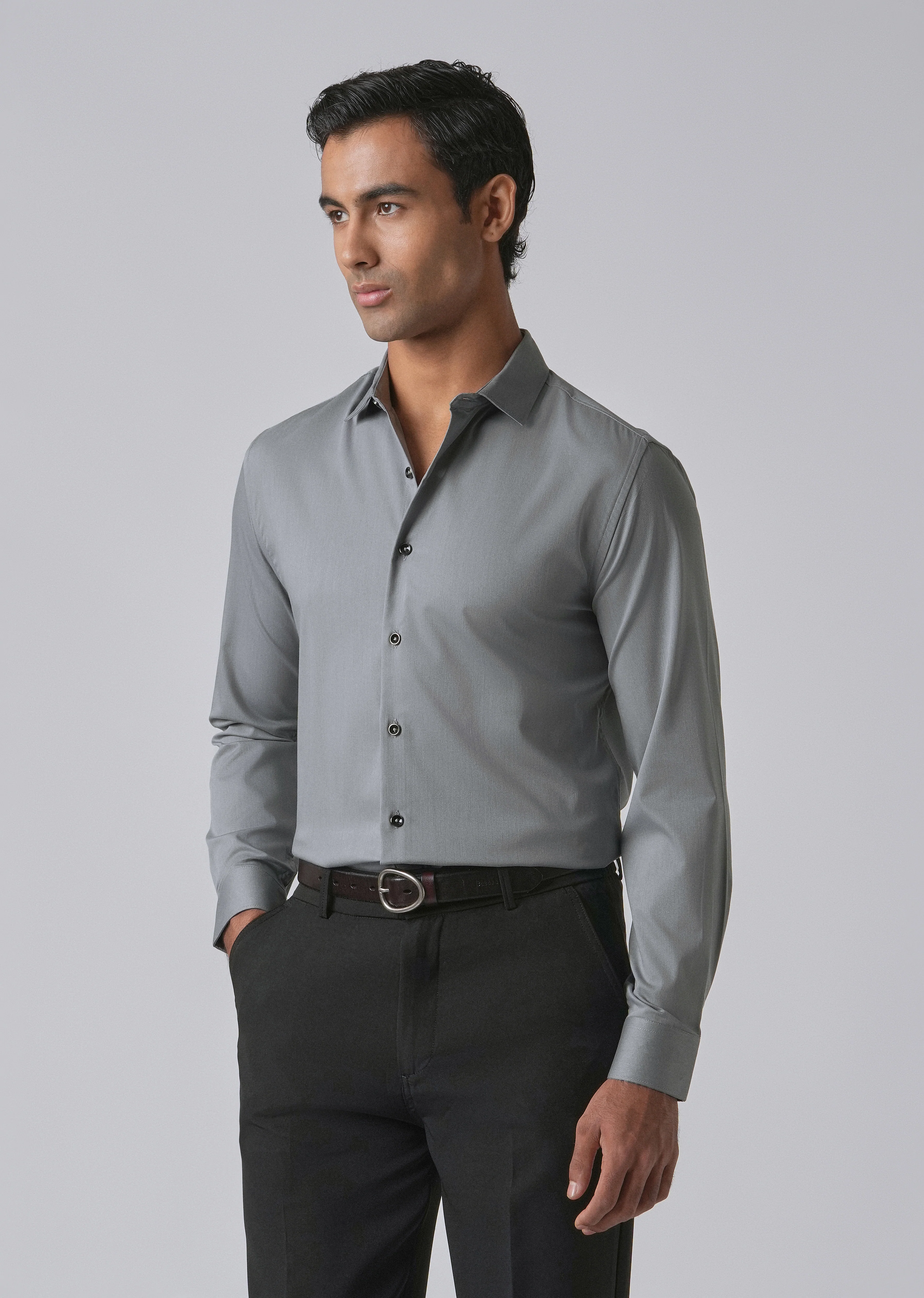 Dark Grey Cotton Stretch Plain Shirt - Image 7