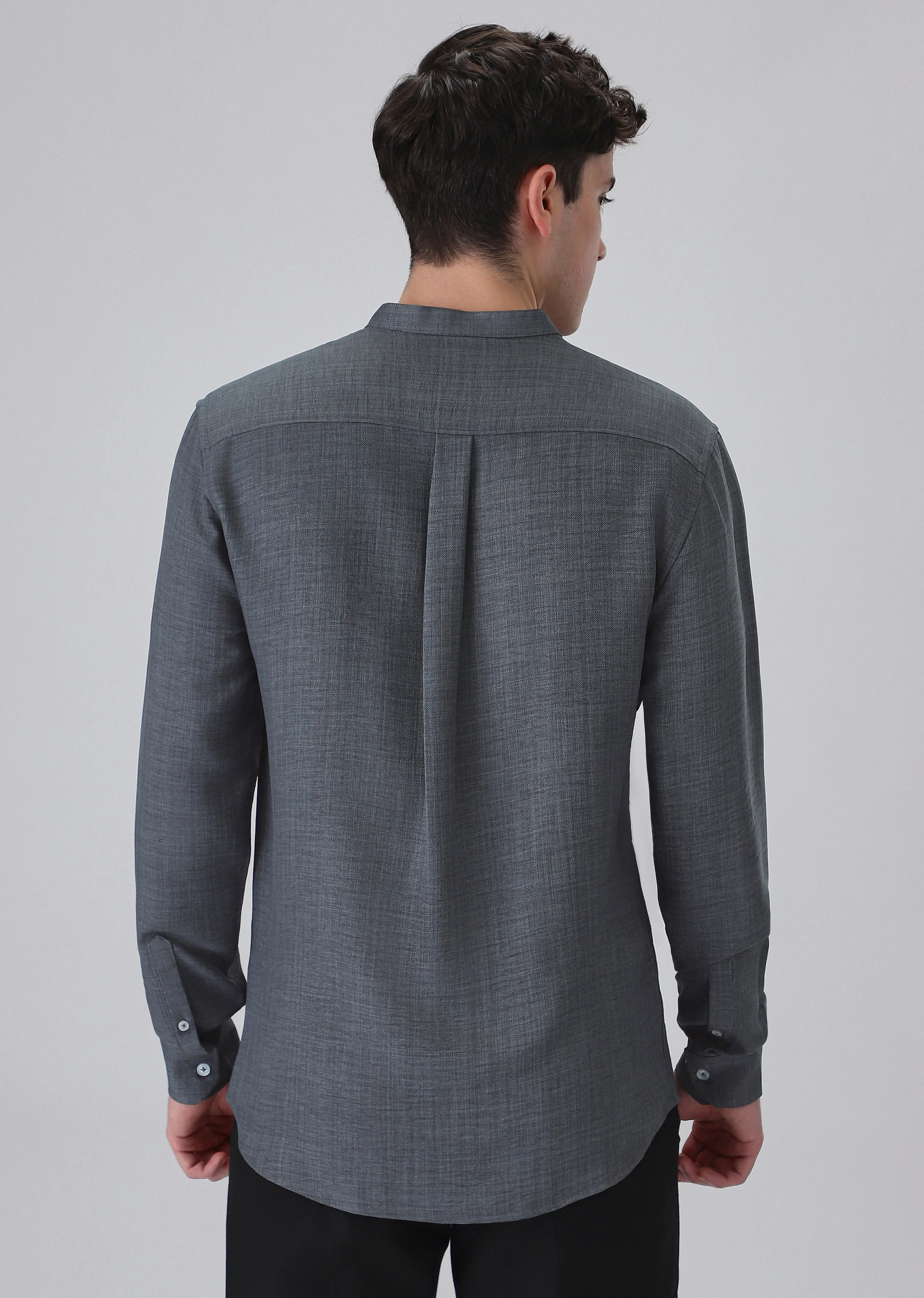 Dark Grey Plain Mandarin Collar Shirt - Image 2