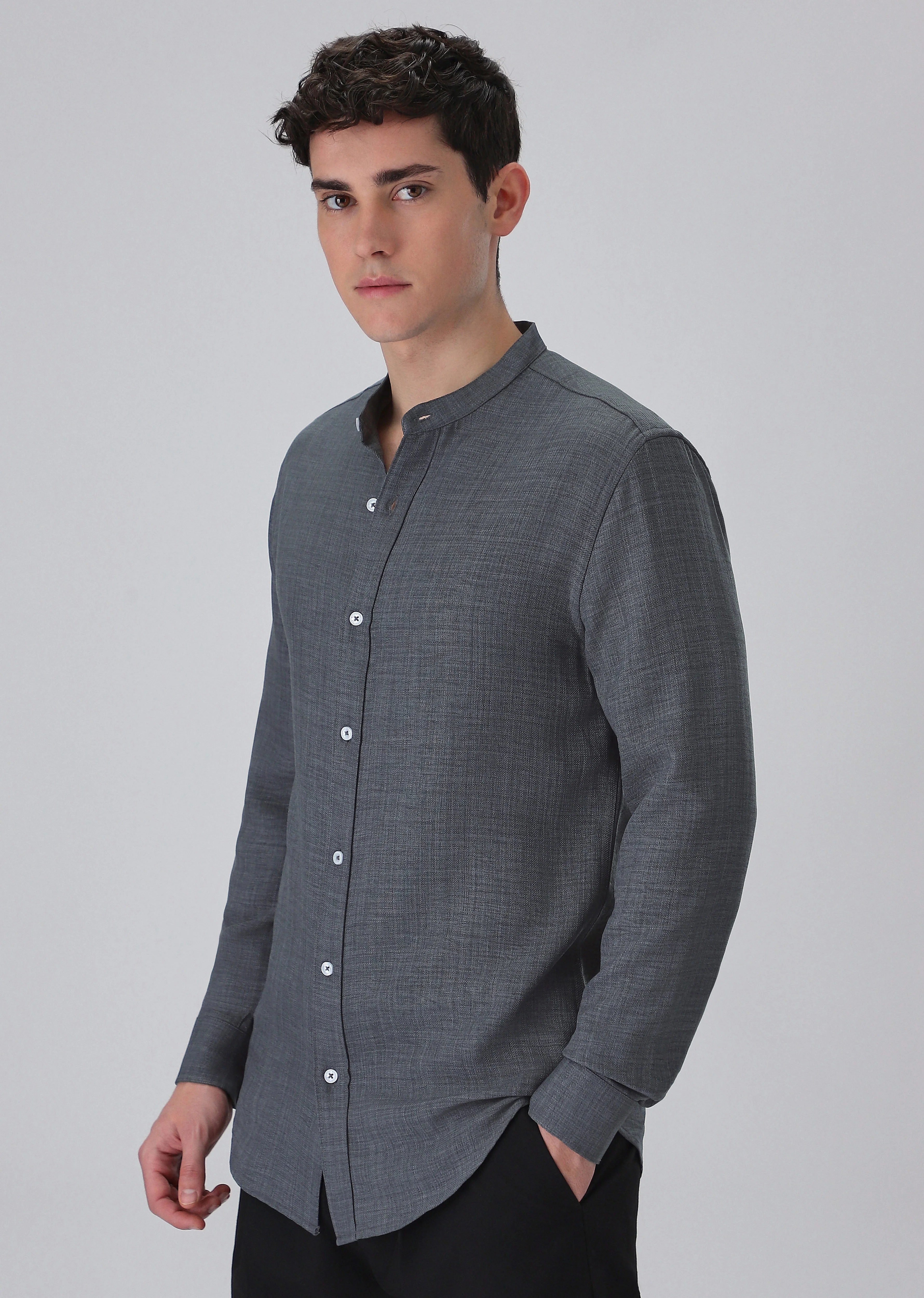Dark Grey Plain Mandarin Collar Shirt - Image 4
