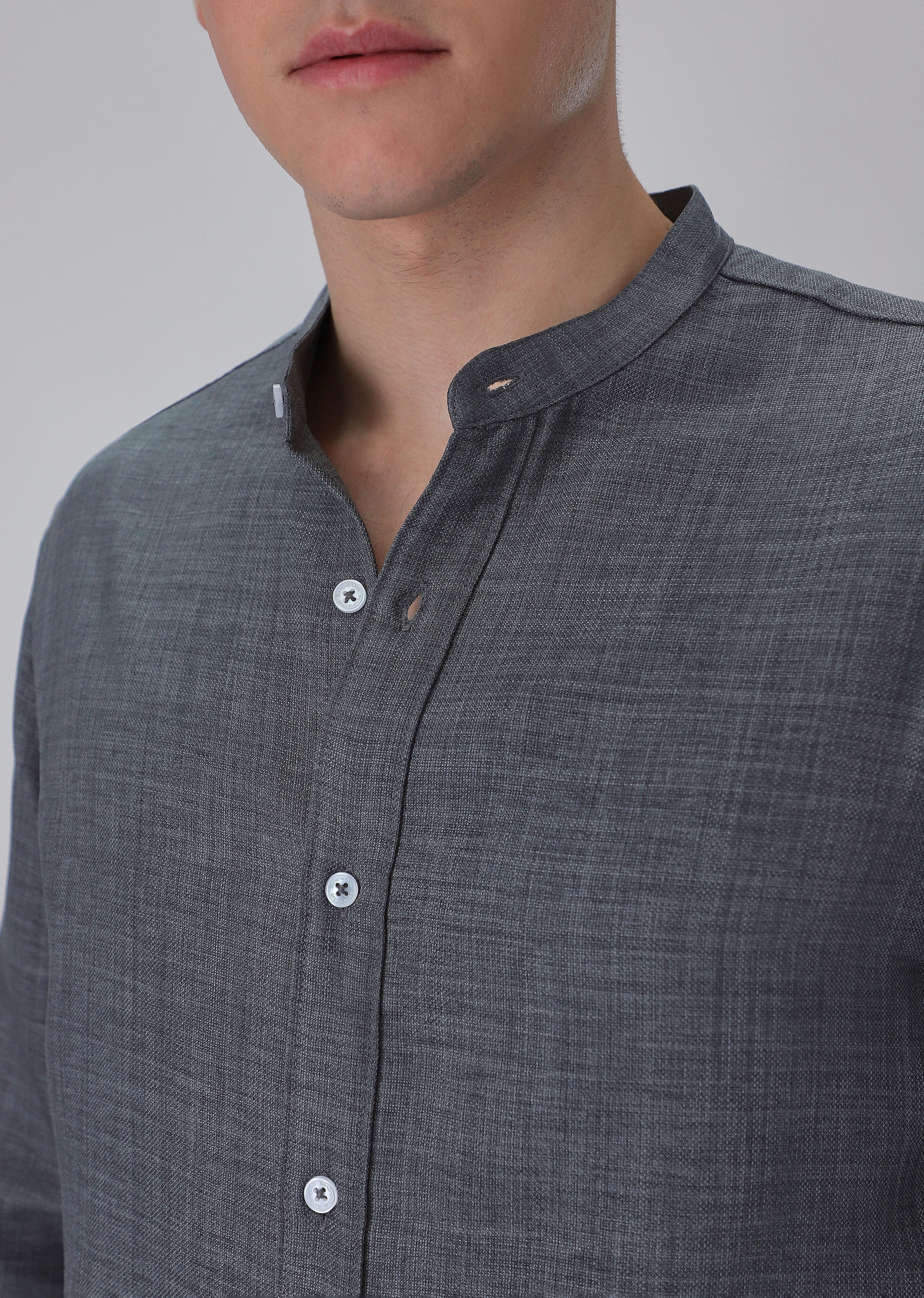 Dark Grey Plain Mandarin Collar Shirt - Image 5