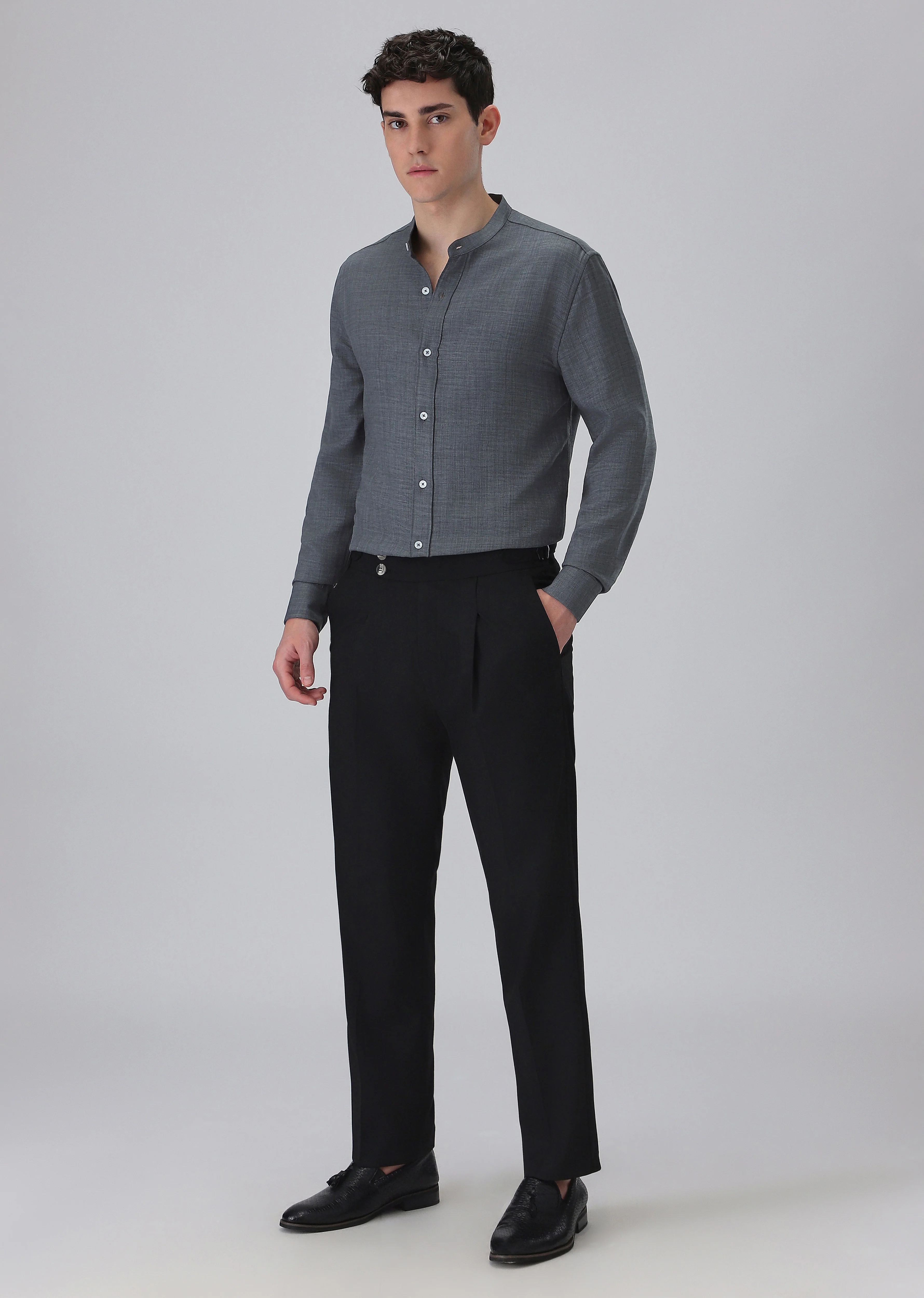 Dark Grey Plain Mandarin Collar Shirt - Image 6