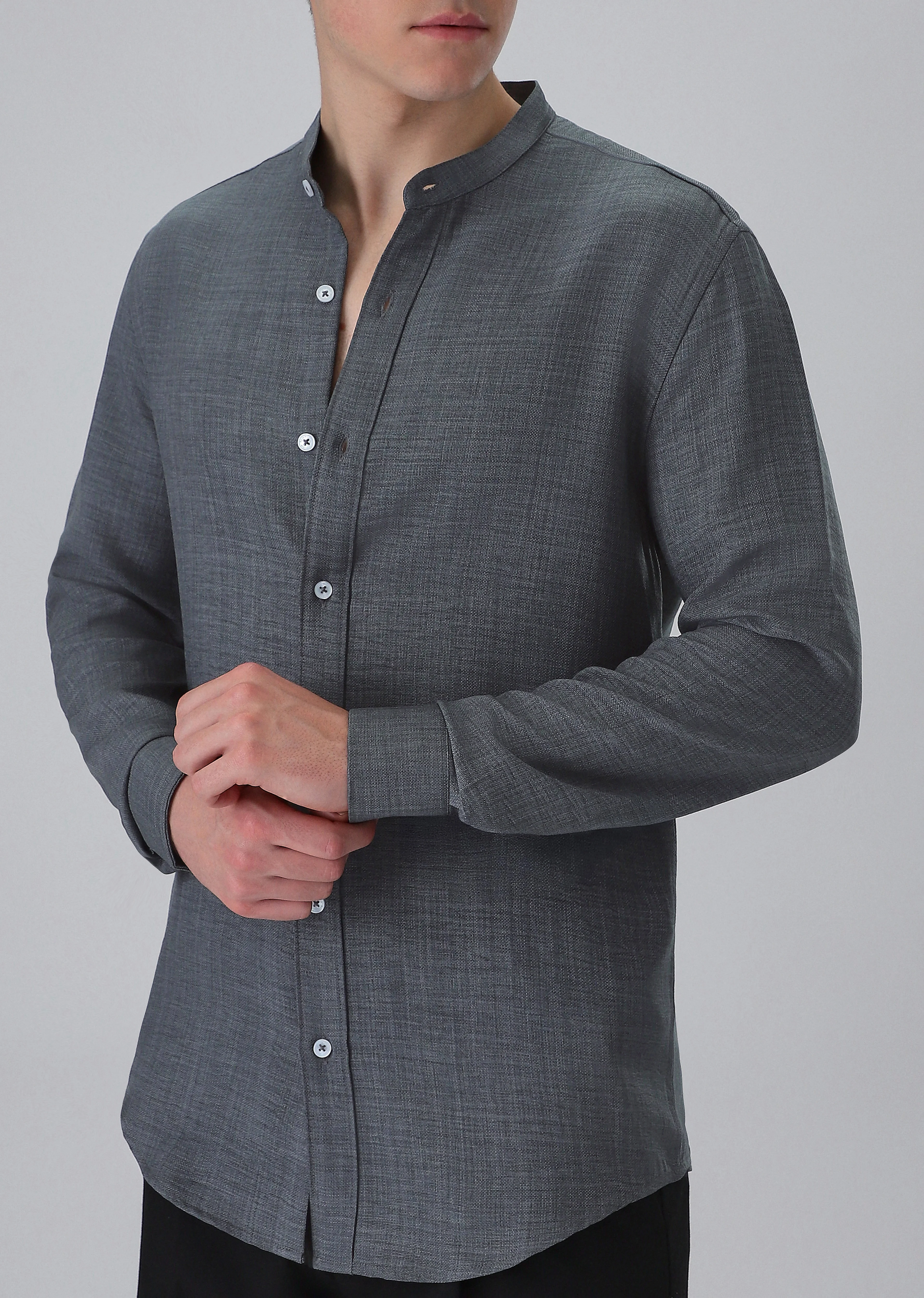 Dark Grey Plain Mandarin Collar Shirt - Image 7