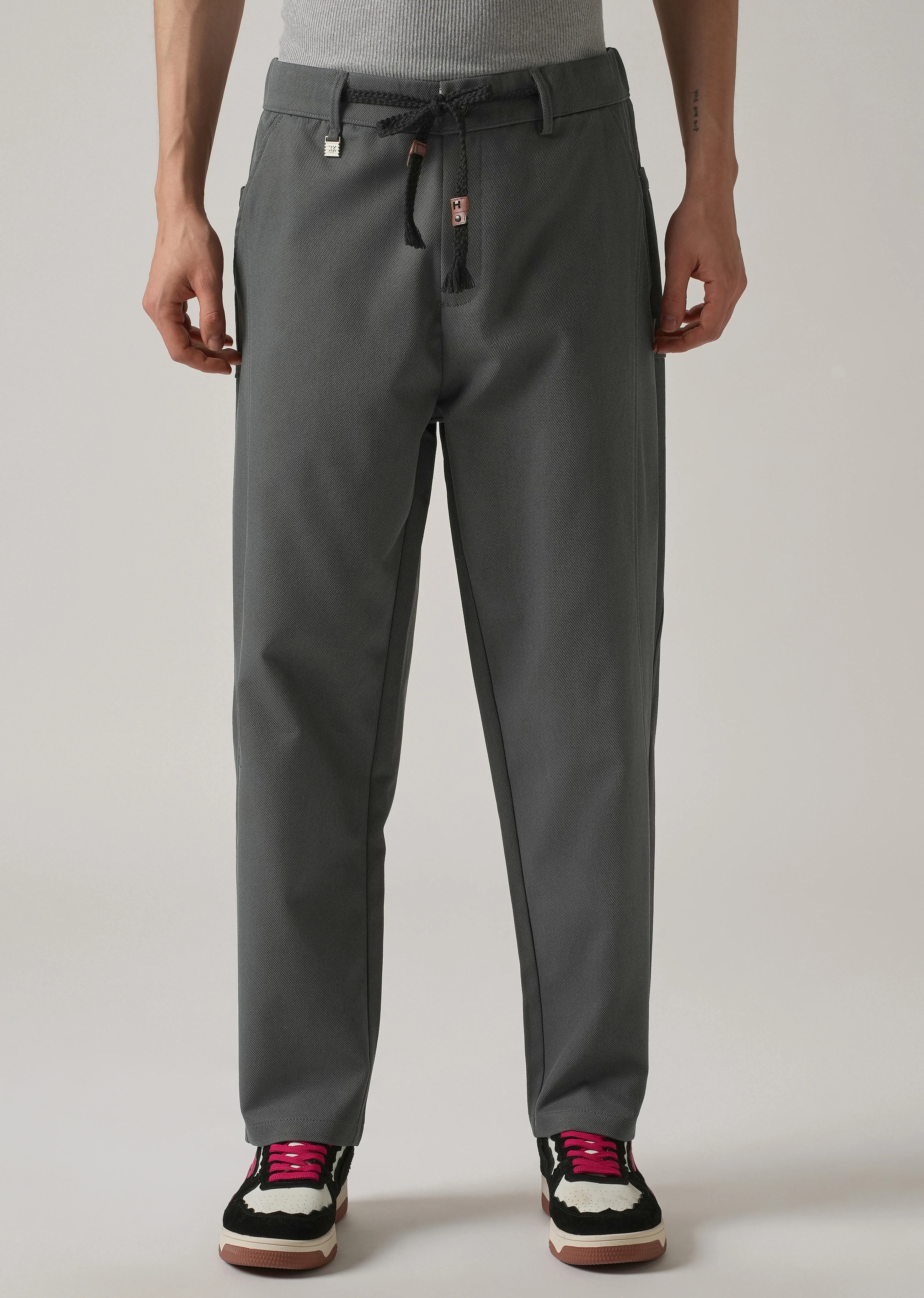 Dark Grey Relaxed Fit Tie Waist Pant - Image 3